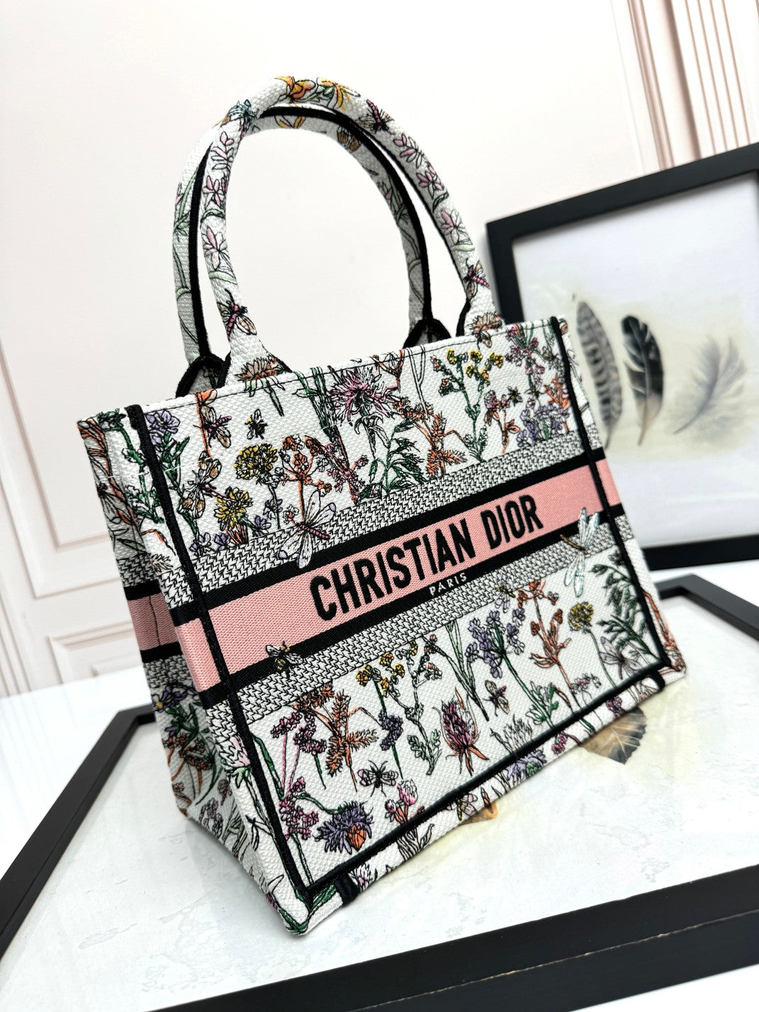 Christian Dior Floral Embroidery Medium Book Tote Bag - Pink and White