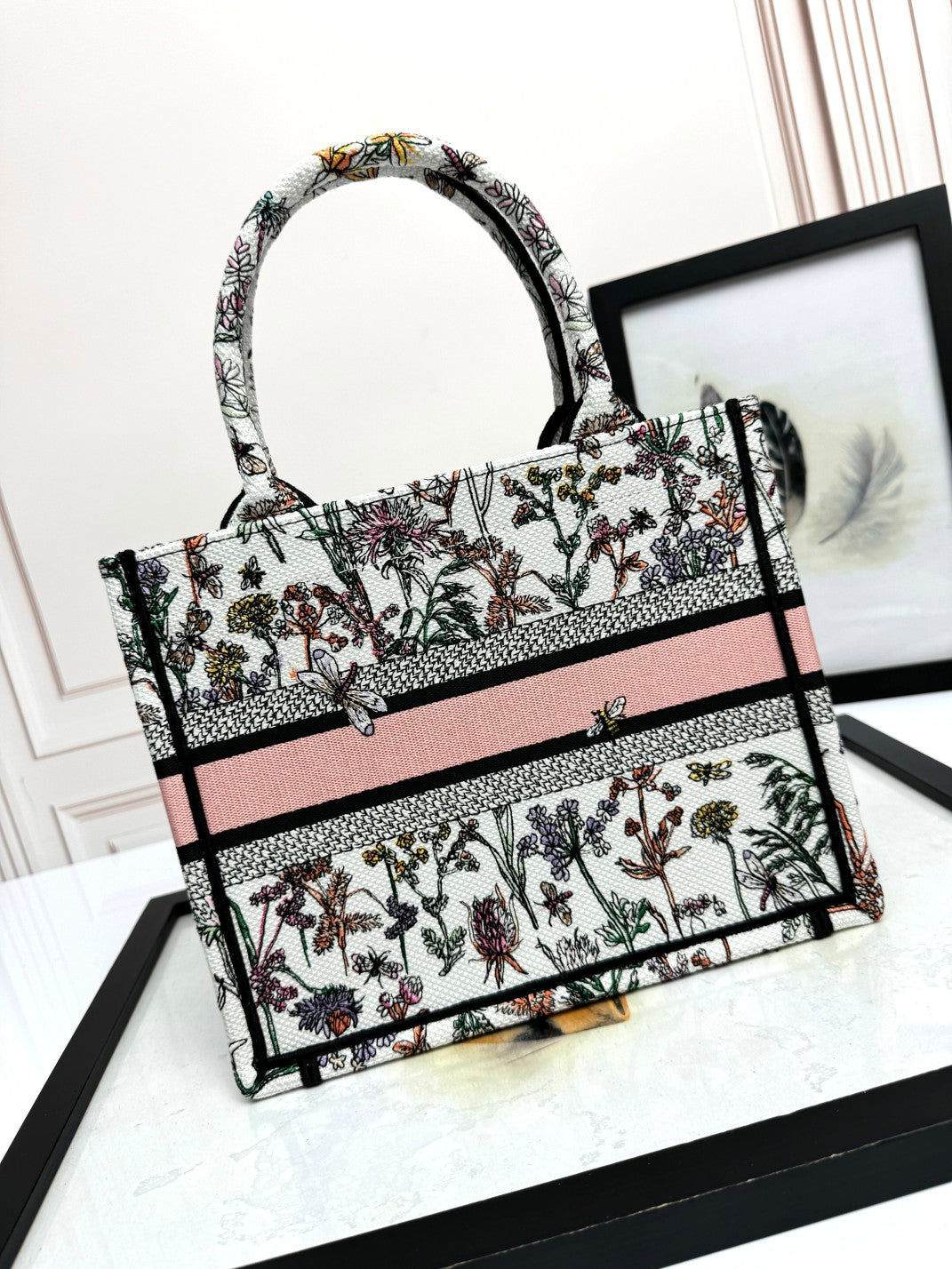 Christian Dior Floral Embroidery Medium Book Tote Bag - Pink and White