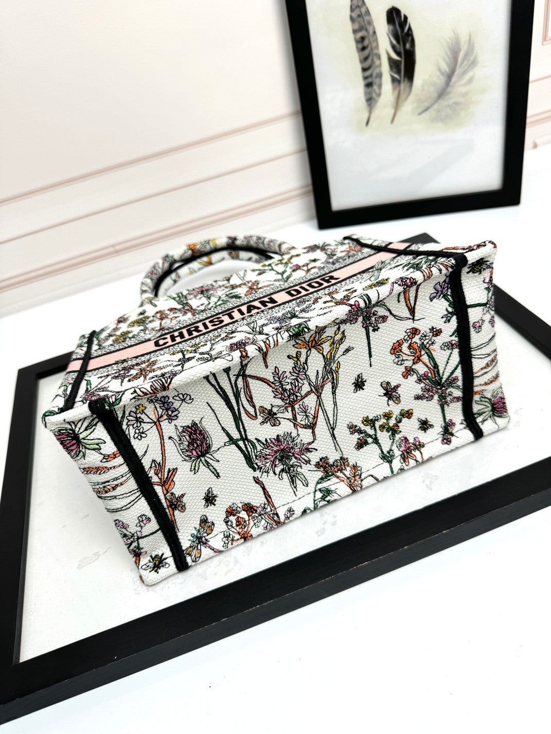 Christian Dior Floral Embroidery Medium Book Tote Bag - Pink and White