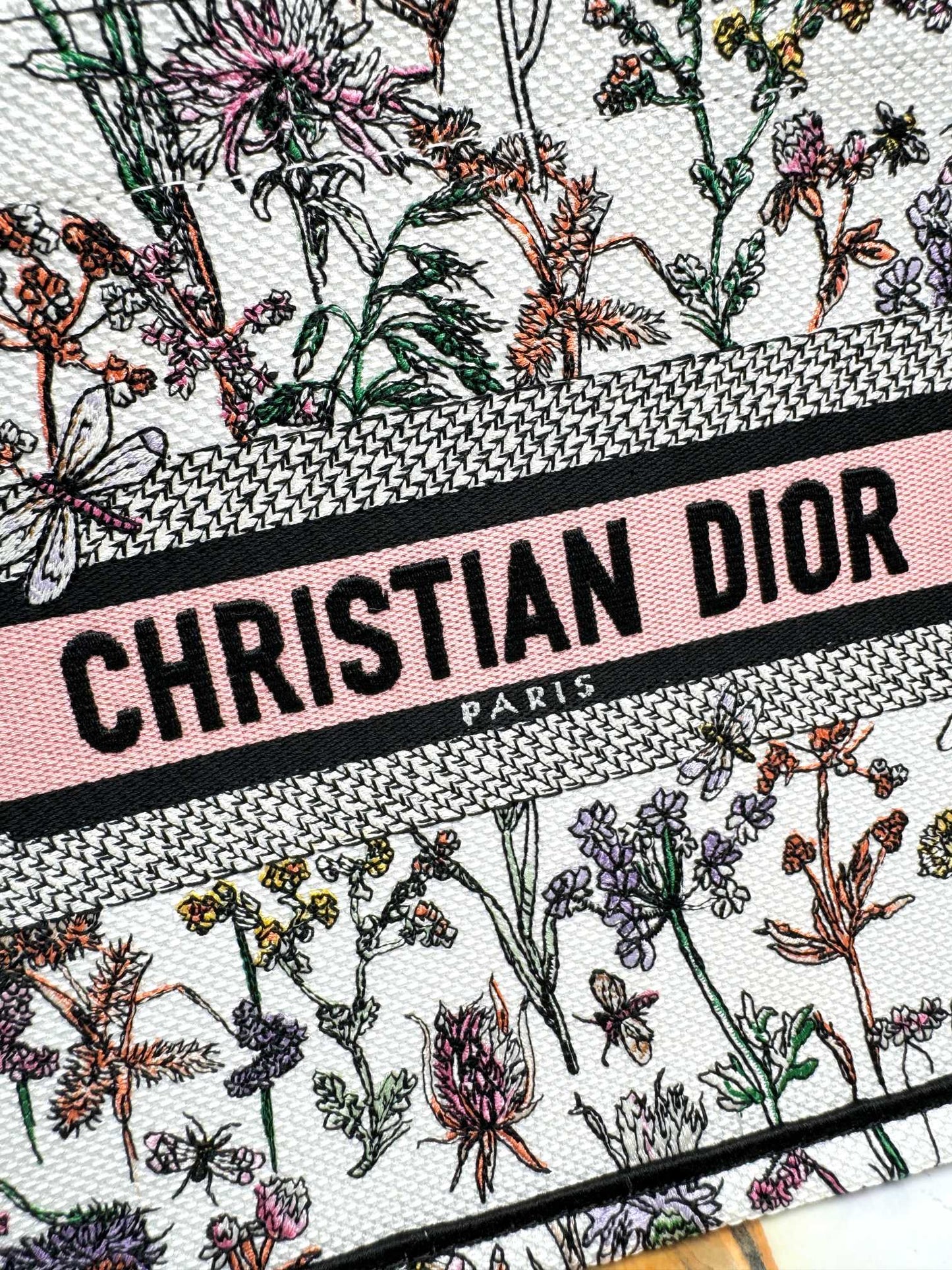 Christian Dior Floral Embroidery Medium Book Tote Bag - Pink and White