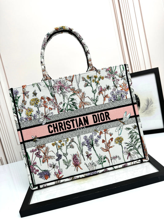 Christian Dior Large Book Tote Bag Floral Embroidered Canvas - White/Pink
