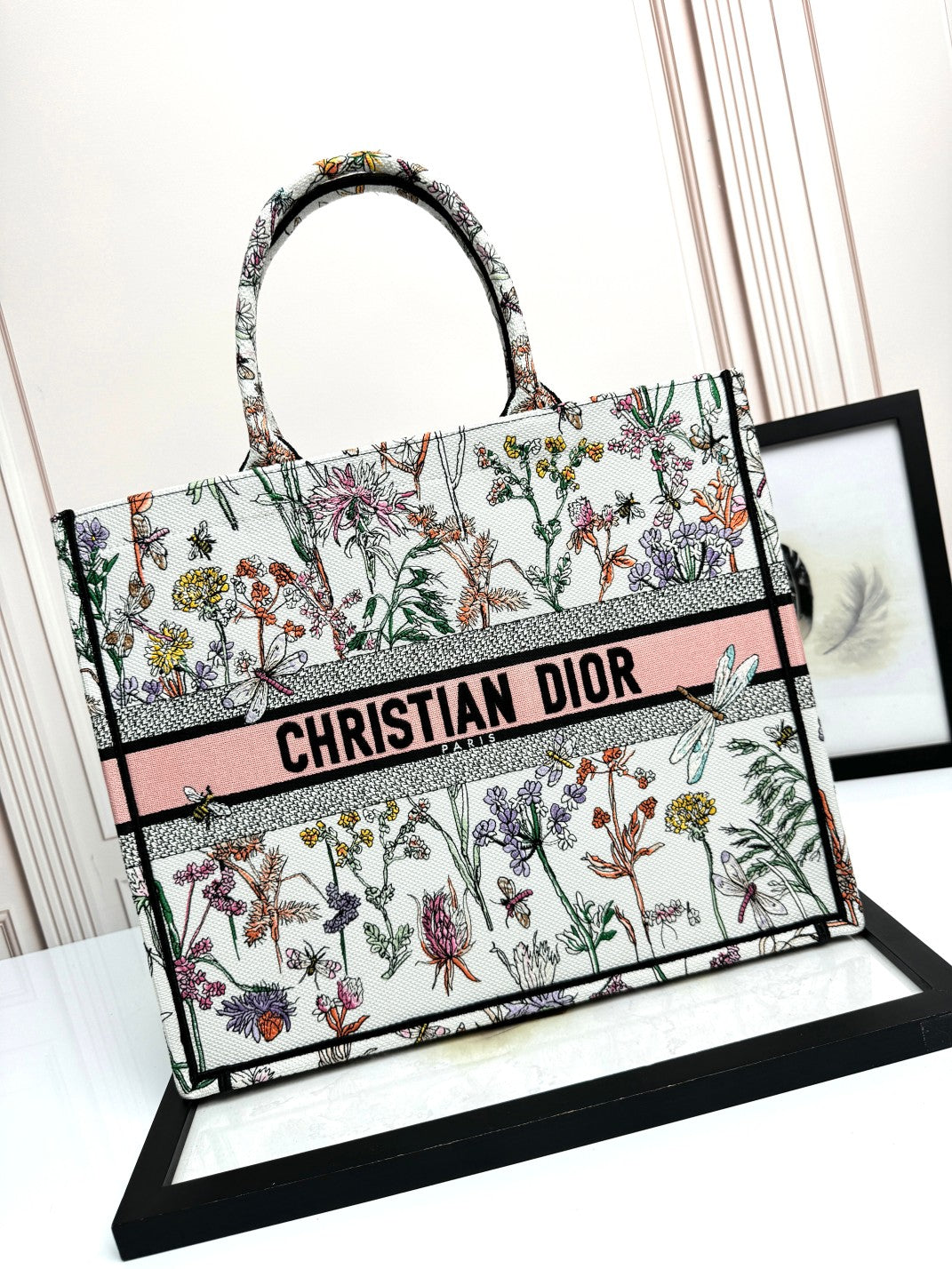 Dior Elegant Floral Print Canvas Book Tote Bag with Top Handles