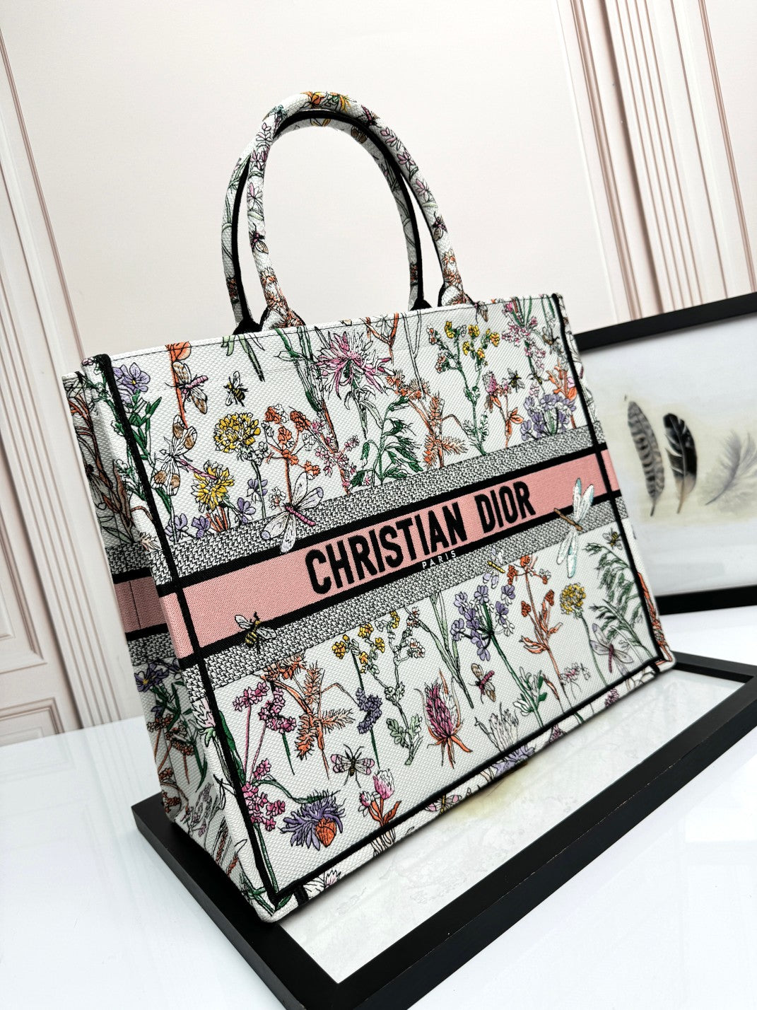 Christian Dior Large Book Tote Bag Floral Embroidered Canvas - White/Pink