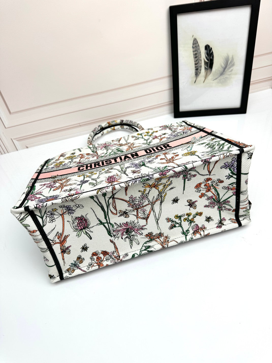 Christian Dior Large Book Tote Bag Floral Embroidered Canvas - White/Pink
