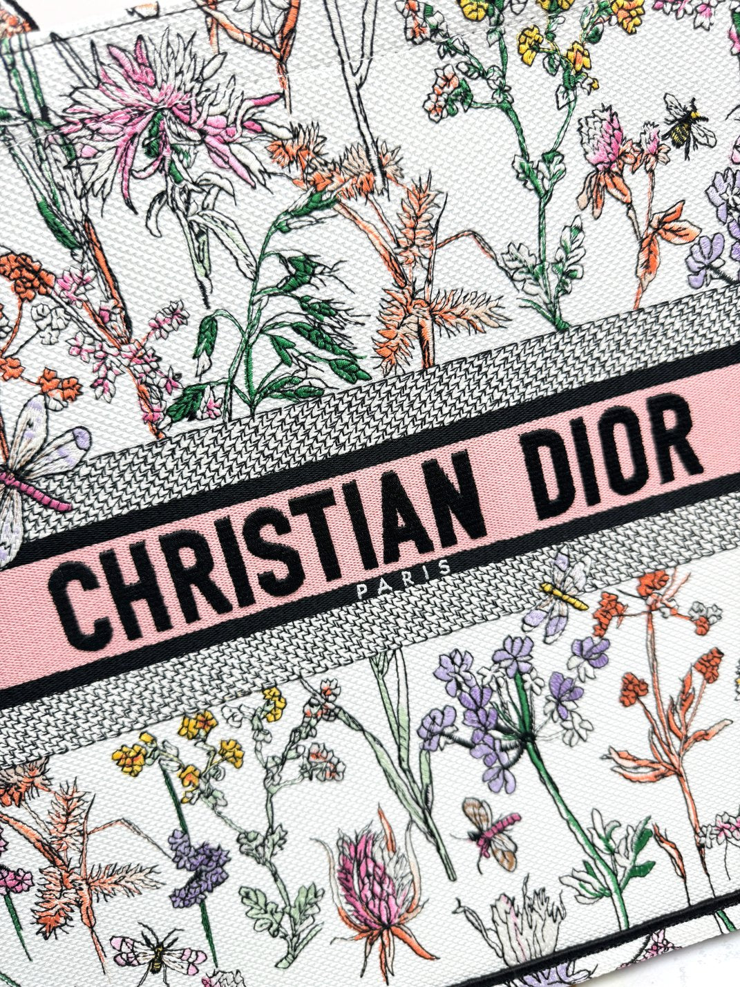 Christian Dior Large Book Tote Bag Floral Embroidered Canvas - White/Pink