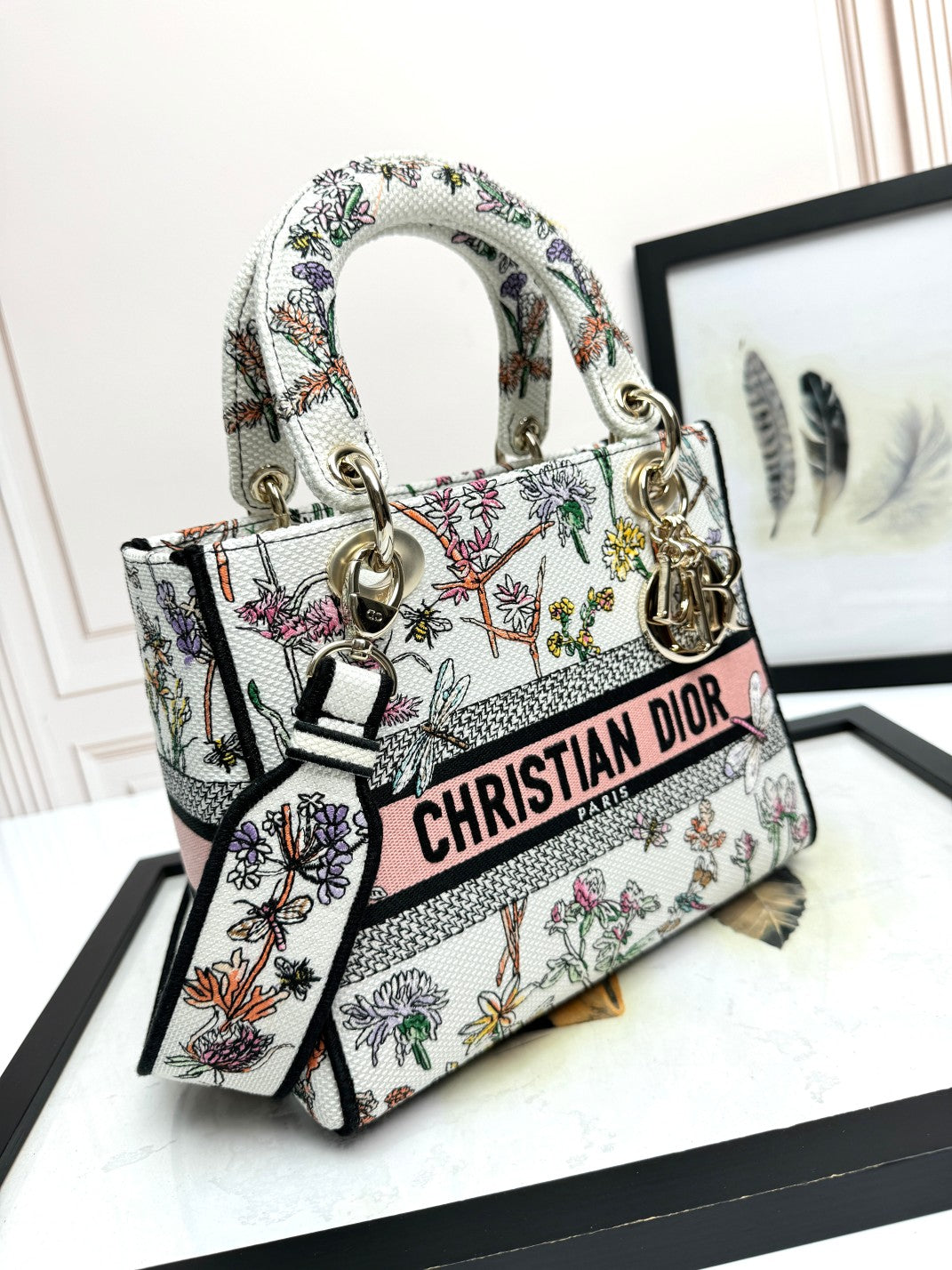Christian Dior Lady D-Lite Medium Bag - Multicolor Floral Embroidery with Pink Signature Band