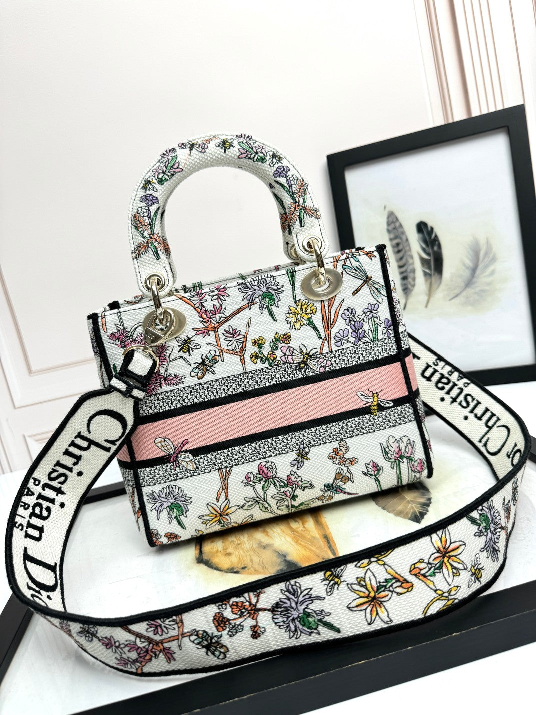 Christian Dior Lady D-Lite Medium Bag - Multicolor Floral Embroidery with Pink Signature Band