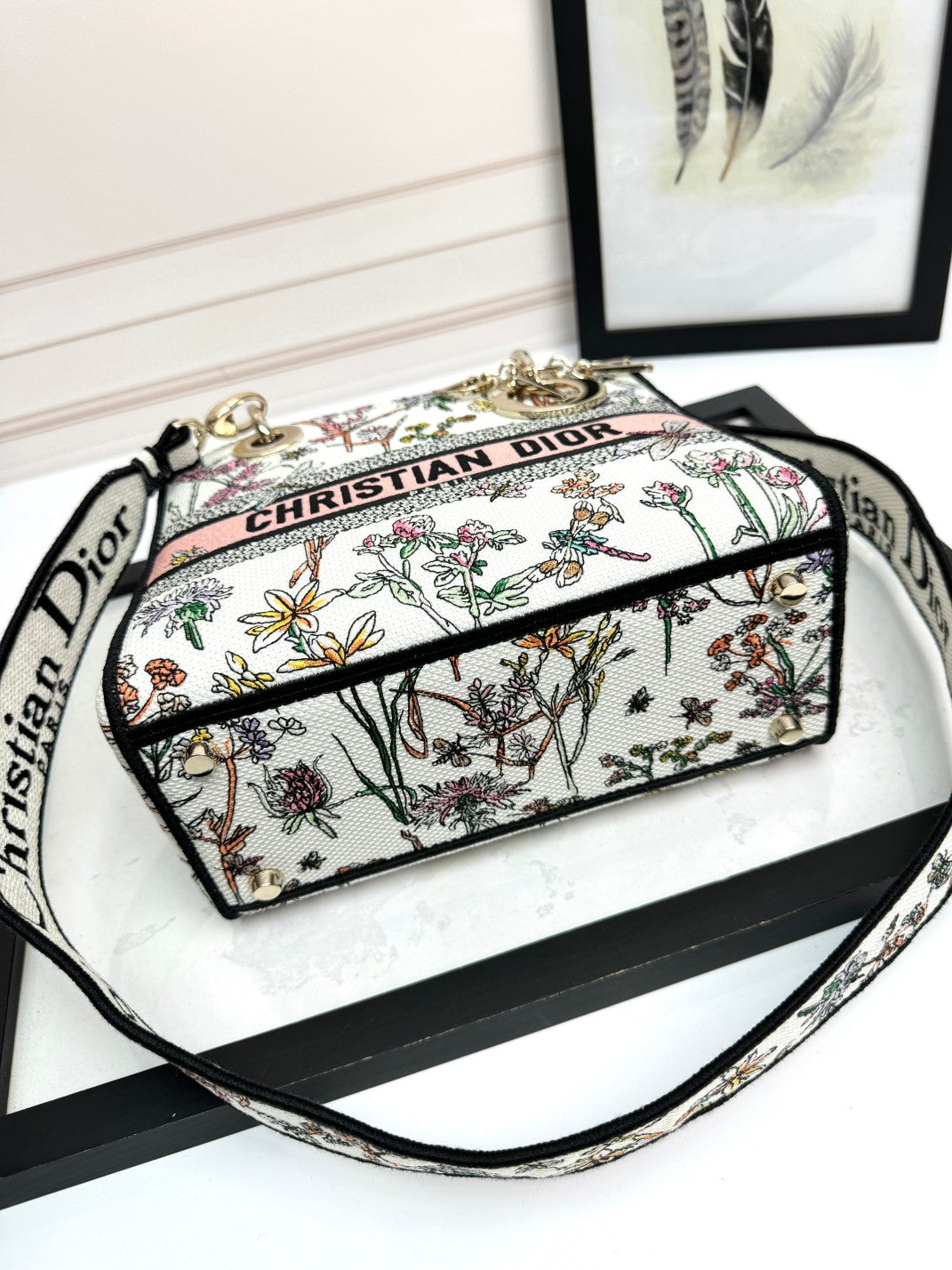 Christian Dior Lady D-Lite Medium Bag - Multicolor Floral Embroidery with Pink Signature Band