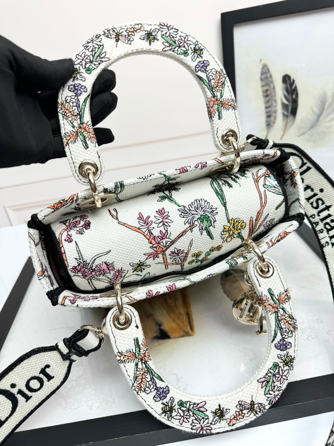 Dior Elegant Floral Embroidered Canvas Handbag with Shoulder Strap