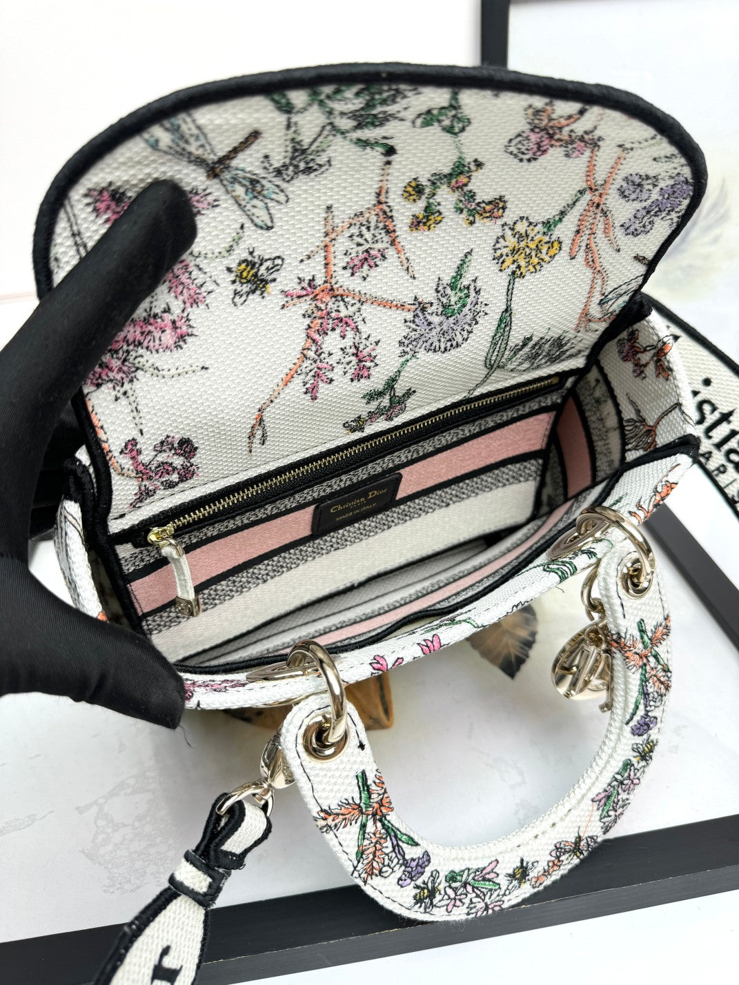 Christian Dior Lady D-Lite Medium Bag - Multicolor Floral Embroidery with Pink Signature Band