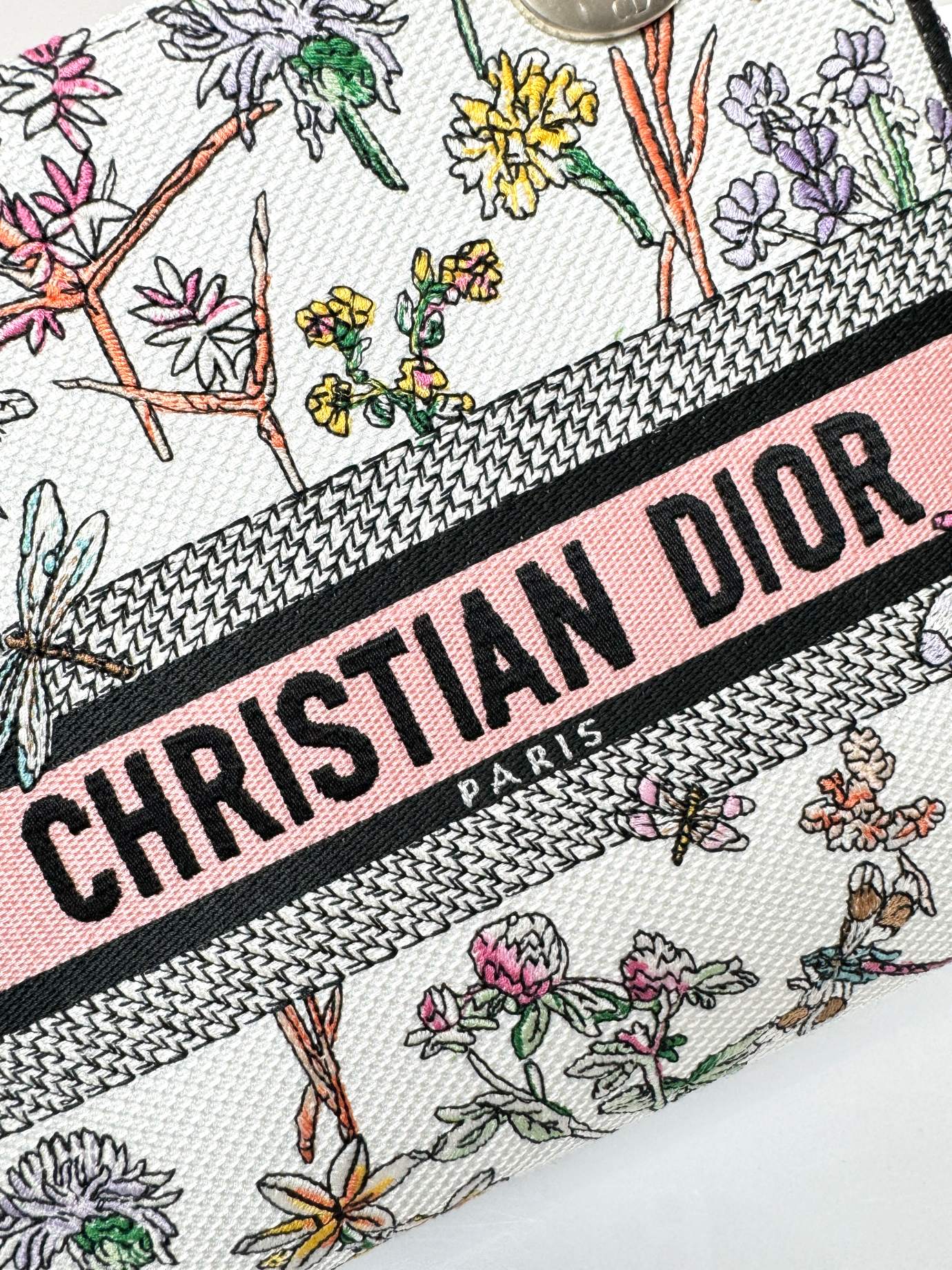 Christian Dior Lady D-Lite Medium Bag - Multicolor Floral Embroidery with Pink Signature Band