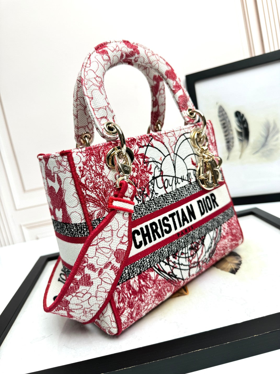 Christian Dior Medium Lady Dior Bag - Red and White Toile de Jouy Embroidery