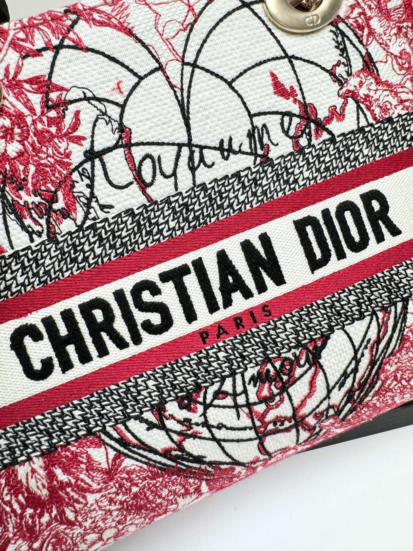 Christian Dior Medium Lady Dior Bag - Red and White Toile de Jouy Embroidery