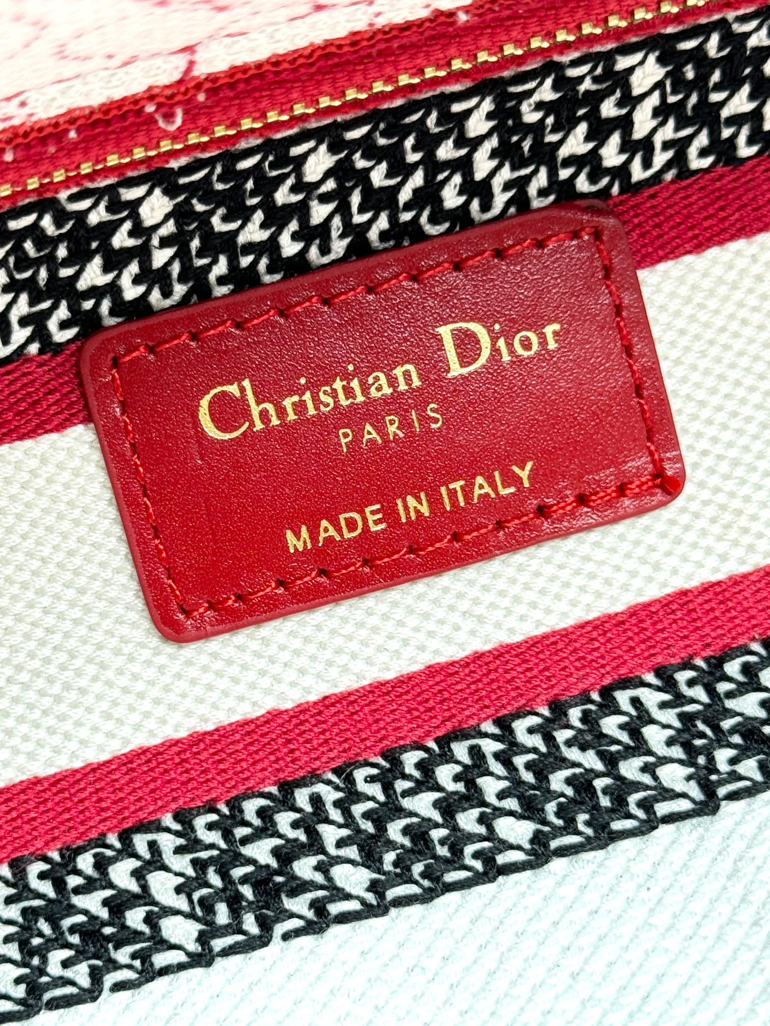 Christian Dior Lady D-Lite Medium Bag - Red and White Embroidered Toile de Jouy Canvas