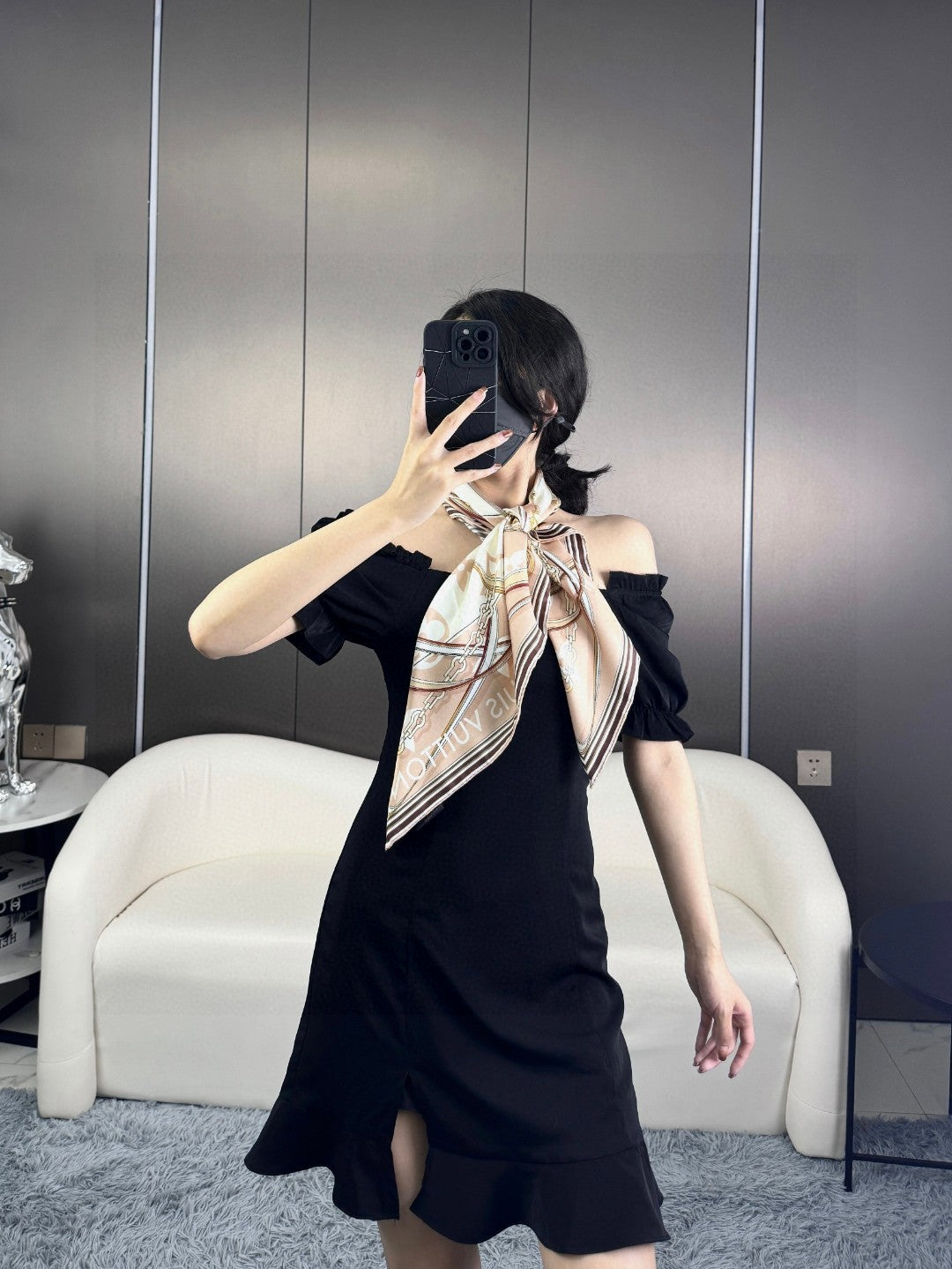 Elegant Large Square Silk Scarf for Women - Equestrian Print Fashion Shawl and Wrap, Beige and Gold Patterned Hair Scarf