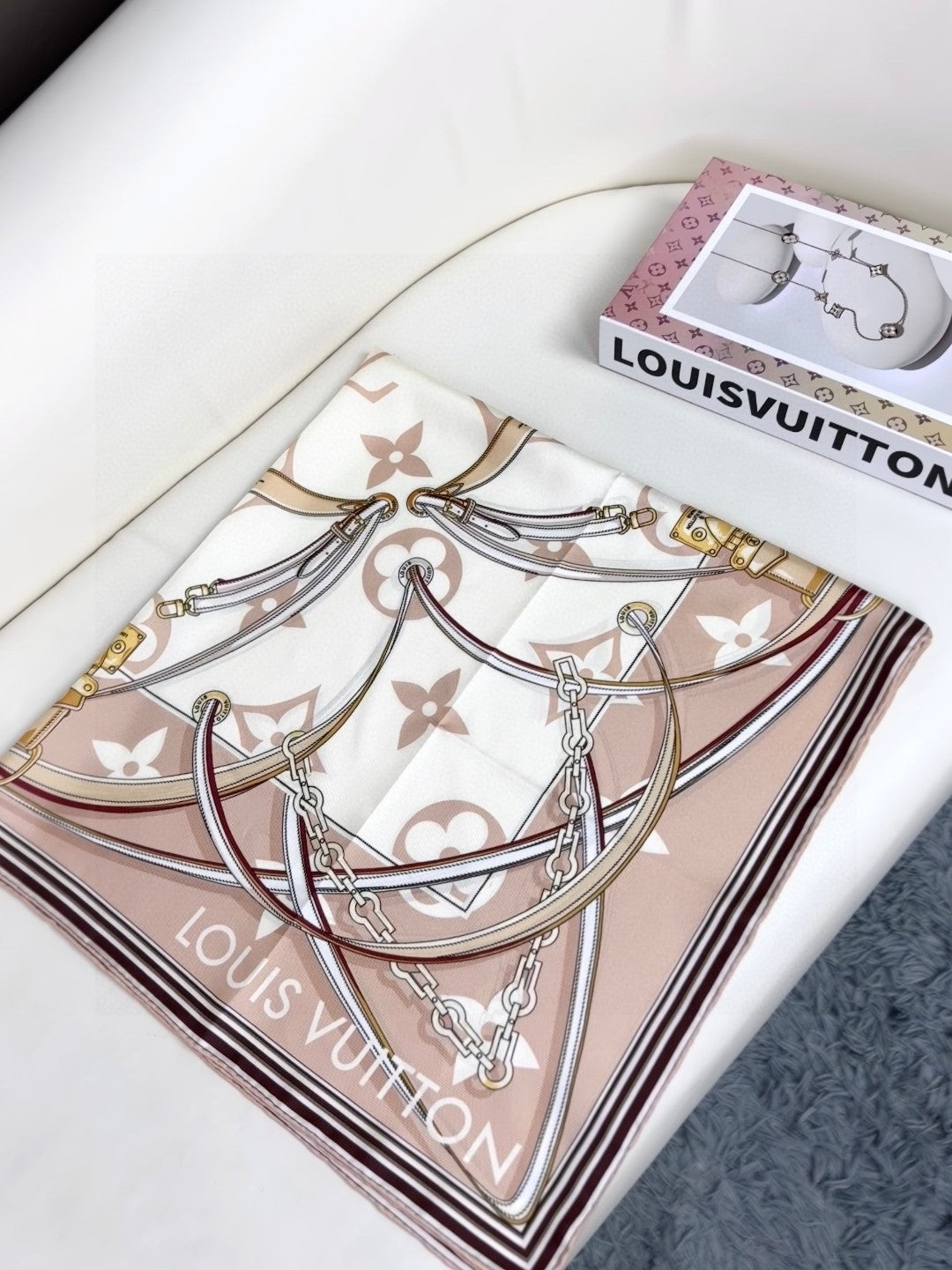 Elegant Large Square Silk Scarf for Women - Equestrian Print Fashion Shawl and Wrap, Beige and Gold Patterned Hair Scarf