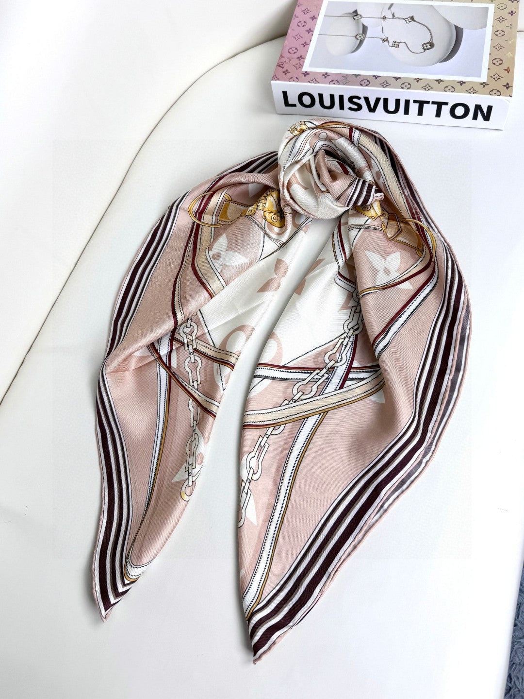 Elegant Large Square Silk Scarf for Women - Equestrian Print Fashion Shawl and Wrap, Beige and Gold Patterned Hair Scarf