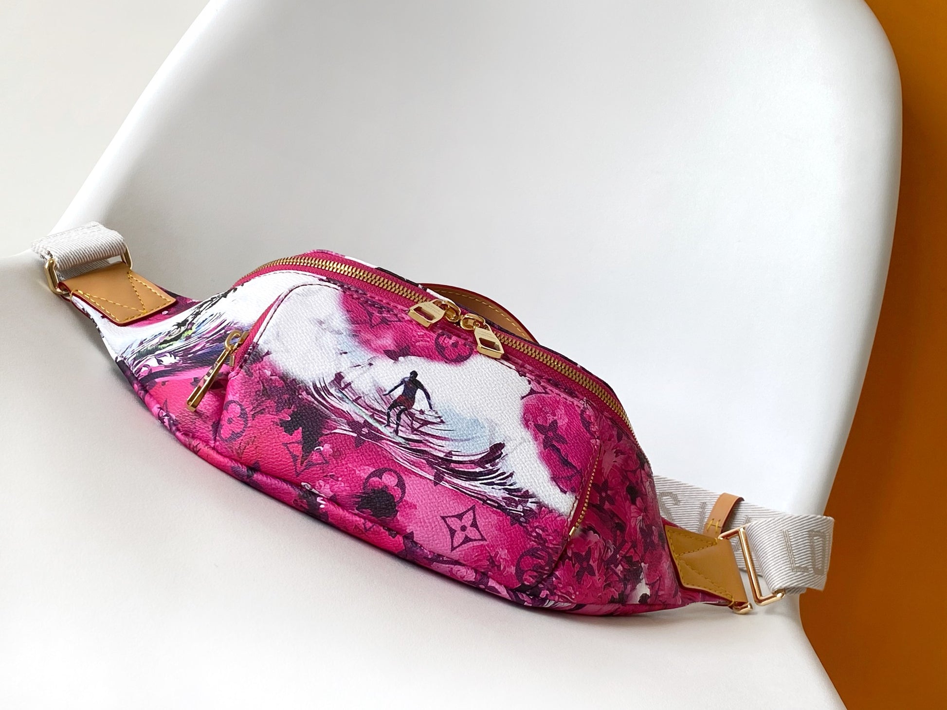 Tropical Surf Graphic Print Belt Bag - Purple and White