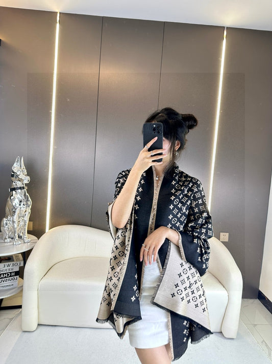 Women's Monogram Patterned Lightweight Shawl Wrap - Elegant Black and Beige Oversized Scarf Cape - Versatile Fall and Winter Fashion Accessory