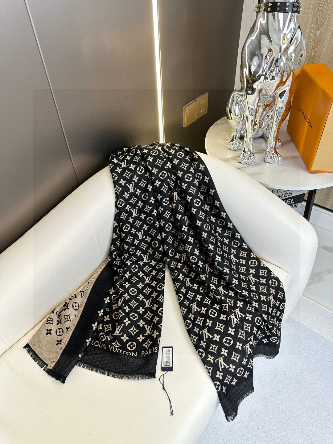 Women's Monogram Patterned Lightweight Shawl Wrap - Elegant Black and Beige Oversized Scarf Cape - Versatile Fall and Winter Fashion Accessory