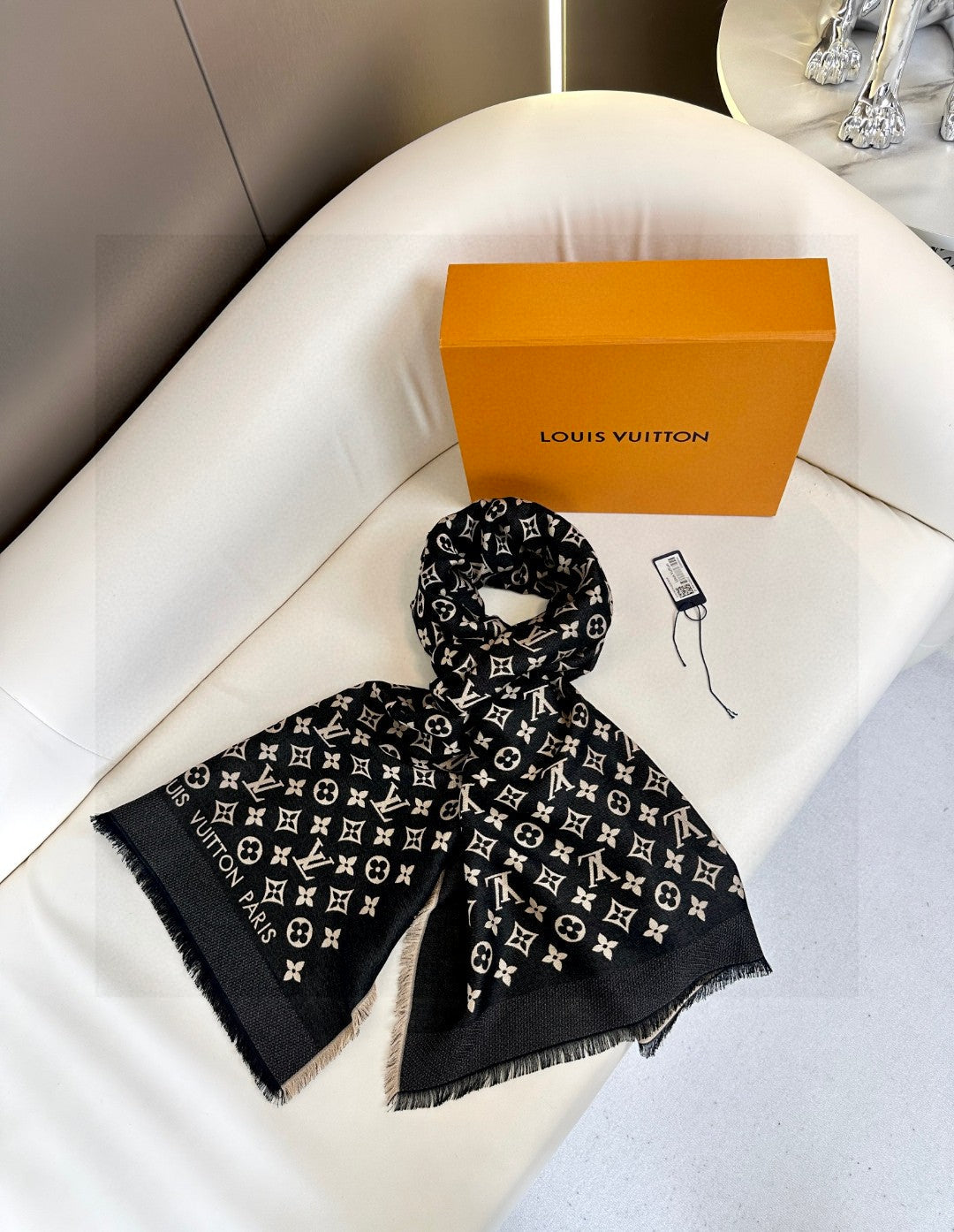 Women's Monogram Patterned Lightweight Shawl Wrap - Elegant Black and Beige Oversized Scarf Cape - Versatile Fall and Winter Fashion Accessory