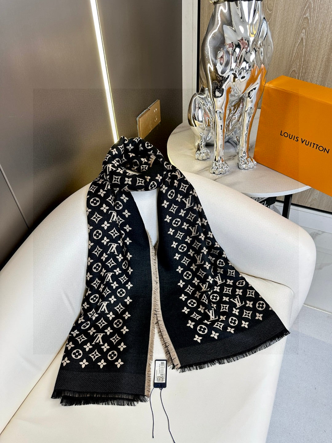 Women's Monogram Patterned Lightweight Shawl Wrap - Elegant Black and Beige Oversized Scarf Cape - Versatile Fall and Winter Fashion Accessory