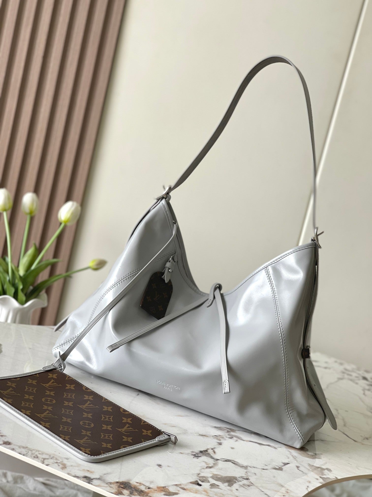Louis Vuitton Grey Leather Hobo Bag with Monogram Charm