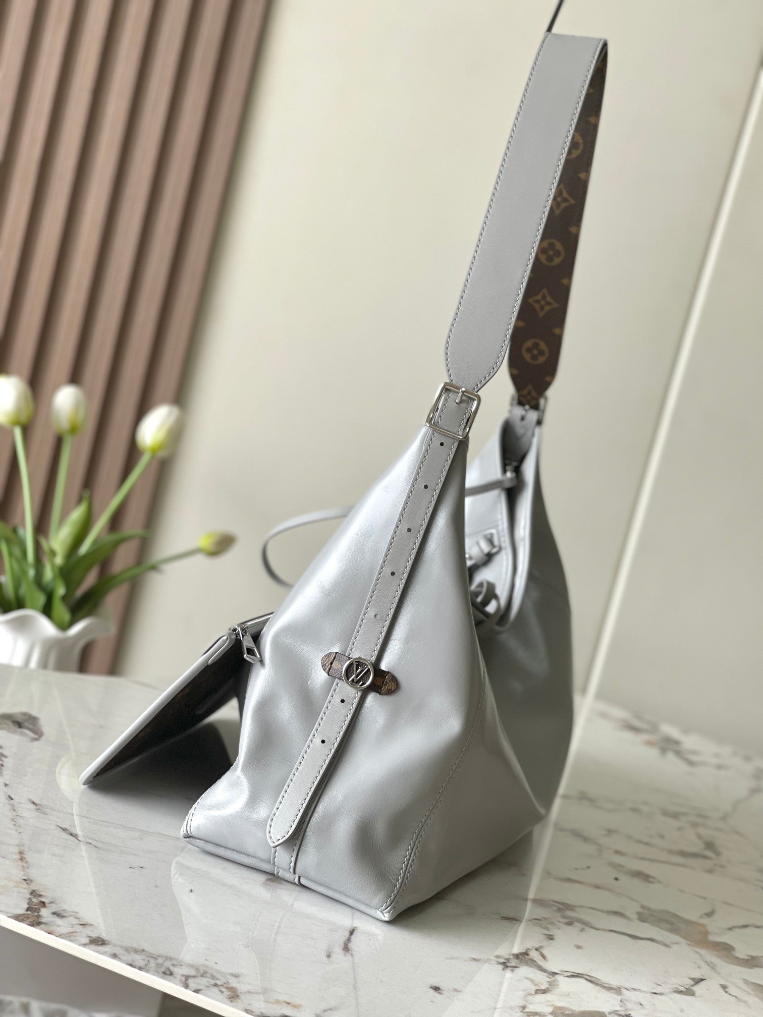 Louis Vuitton Grey Leather Hobo Bag with Monogram Charm