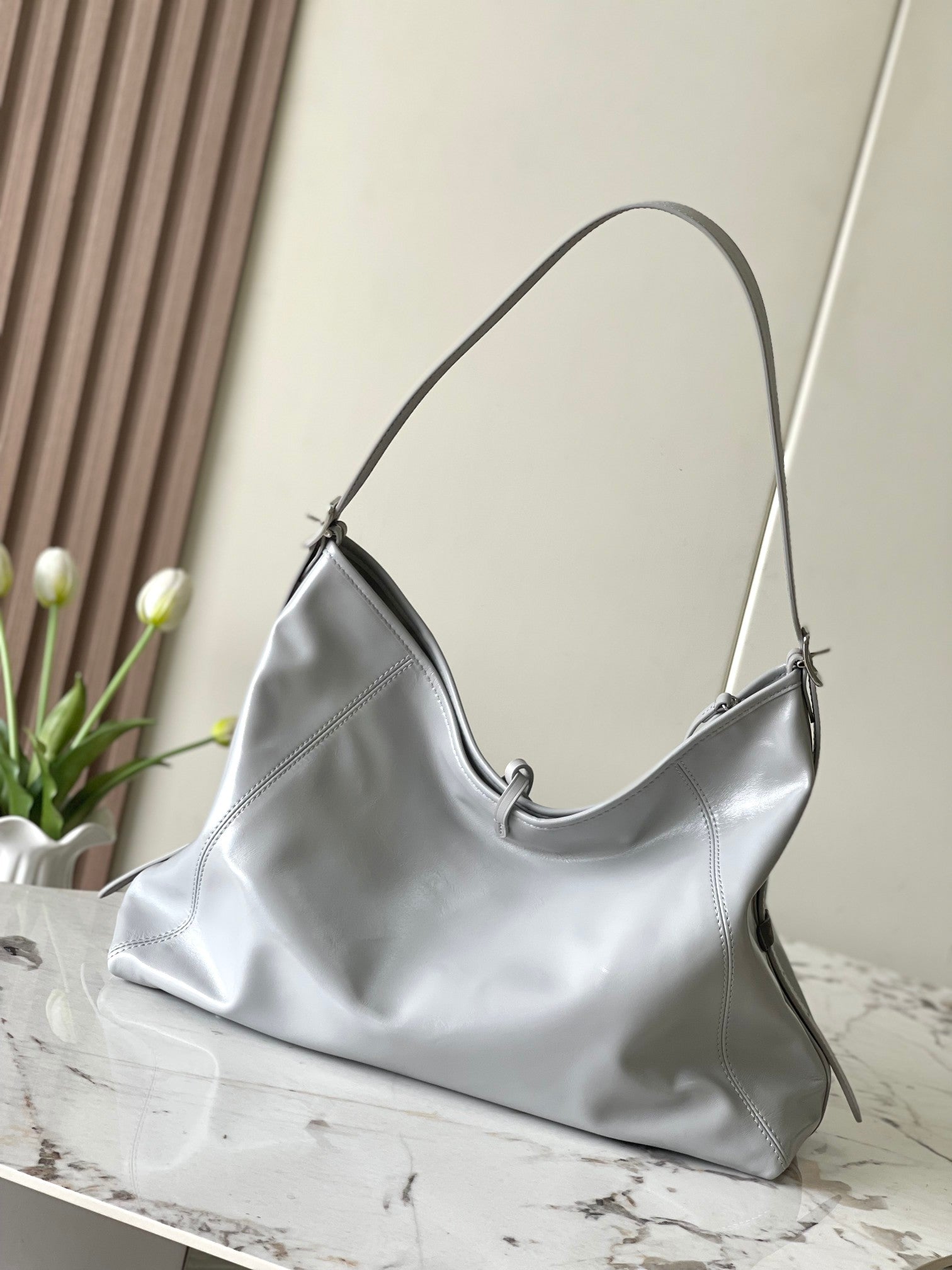 Louis Vuitton Grey Leather Hobo Bag with Monogram Charm