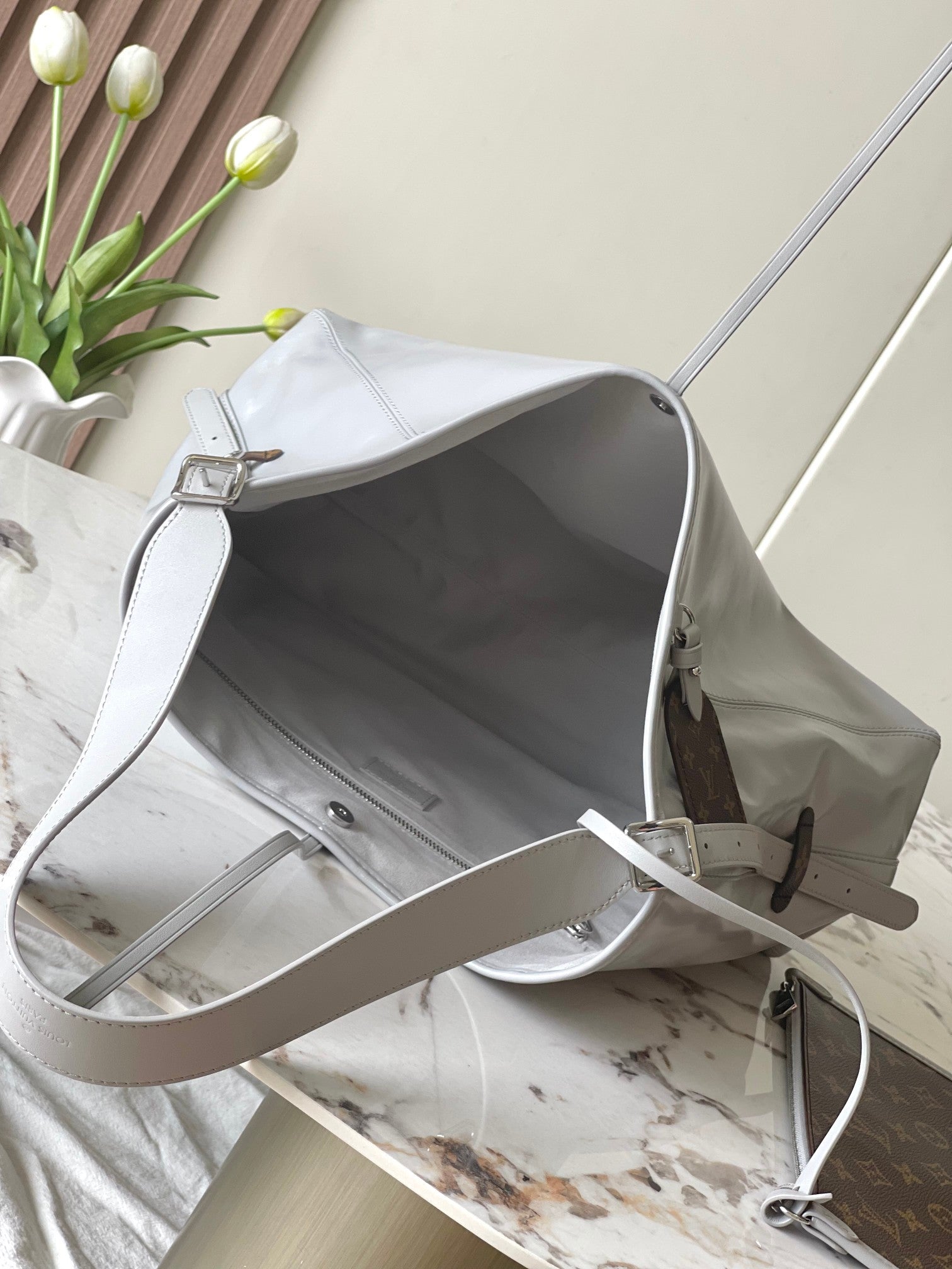 Louis Vuitton Grey Leather Hobo Bag with Monogram Charm