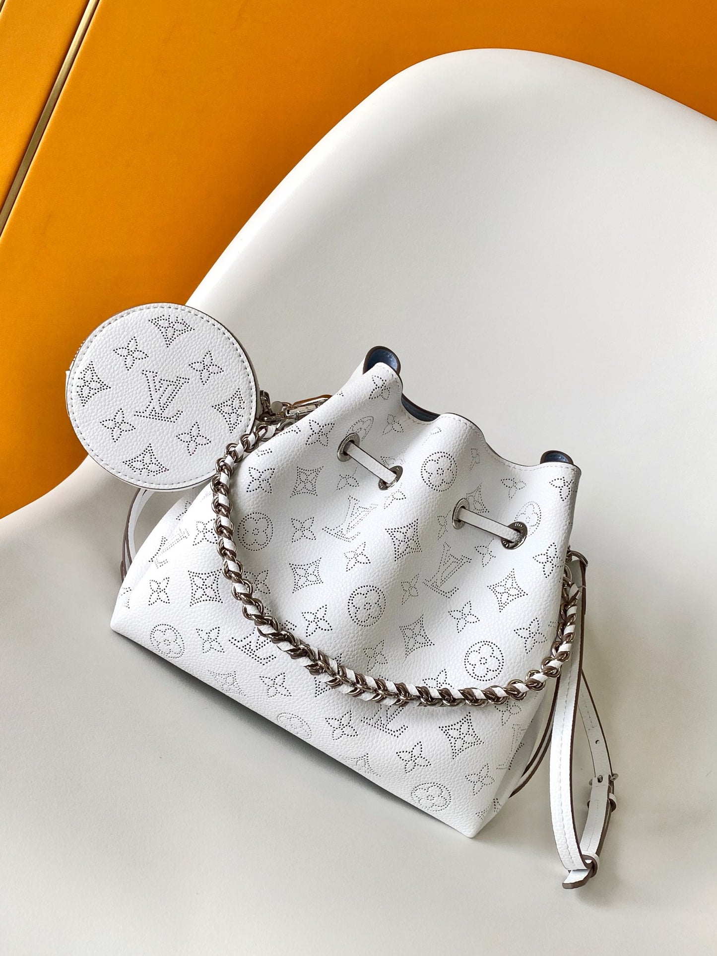 Louis Vuitton Bella Bucket Bag Mahina Perforated Leather White and Blue