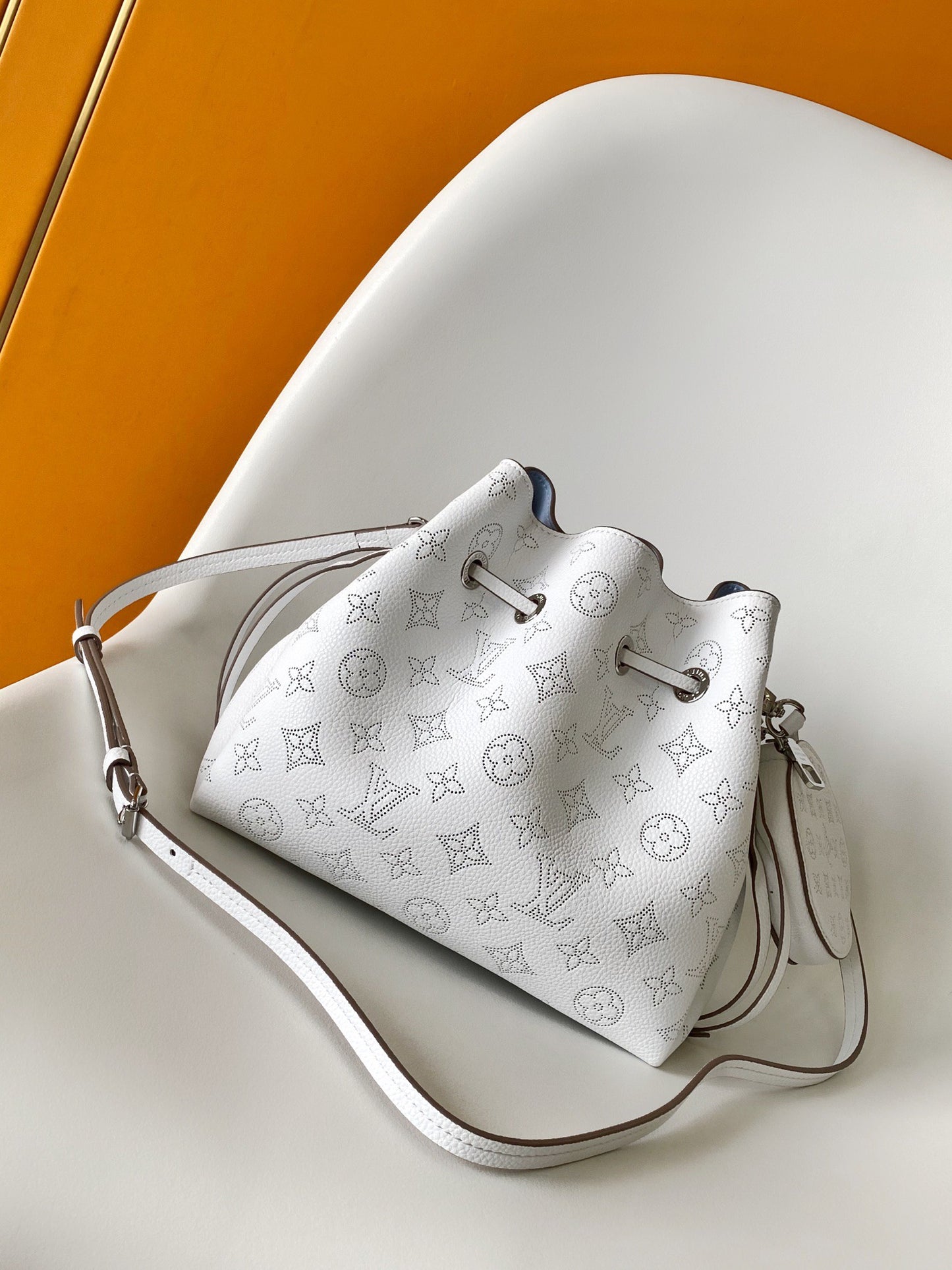 Louis Vuitton Bella Bucket Bag Mahina Perforated Leather White and Blue