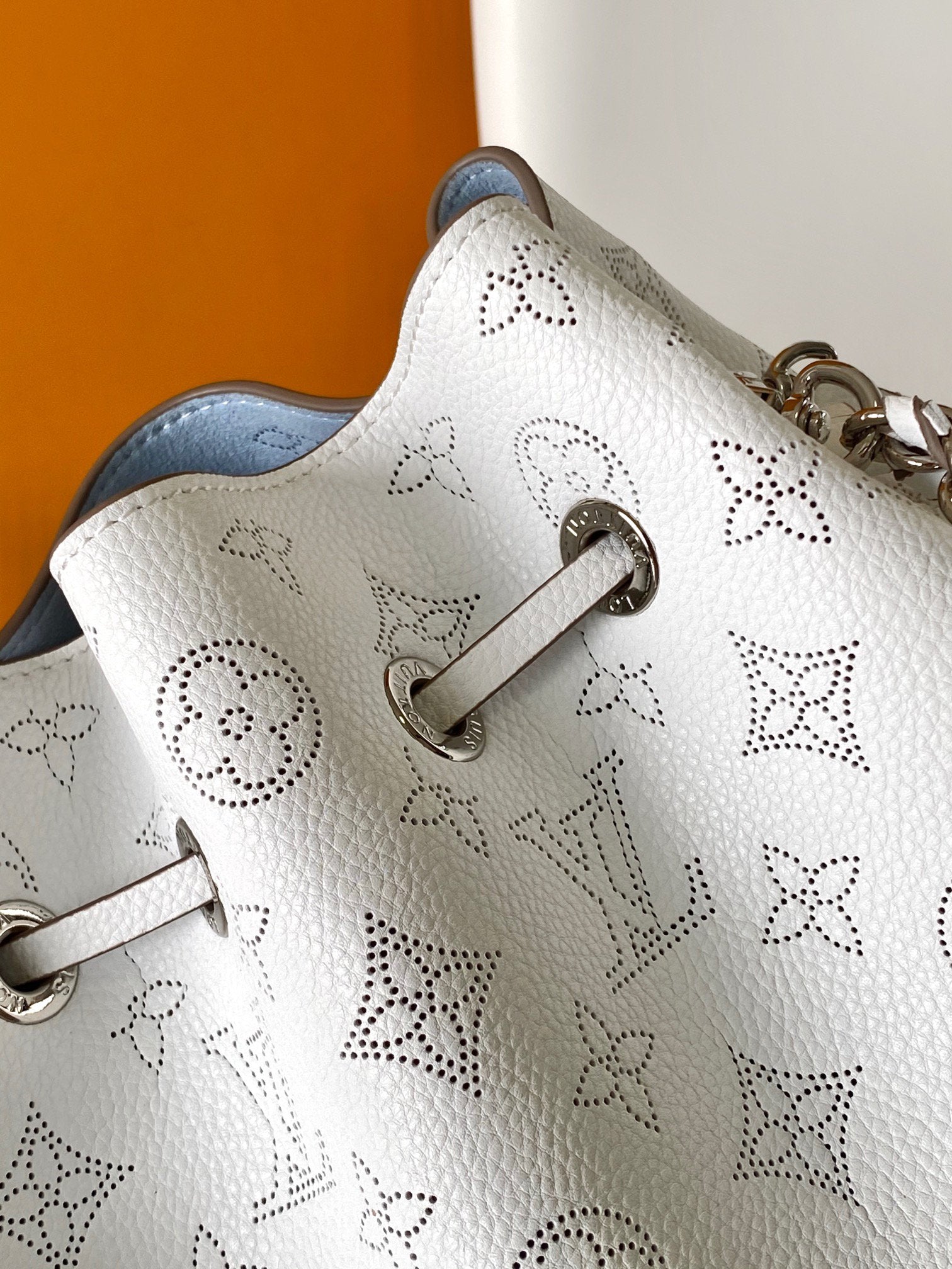 Louis Vuitton Bella Bucket Bag Mahina Perforated Leather White and Blue