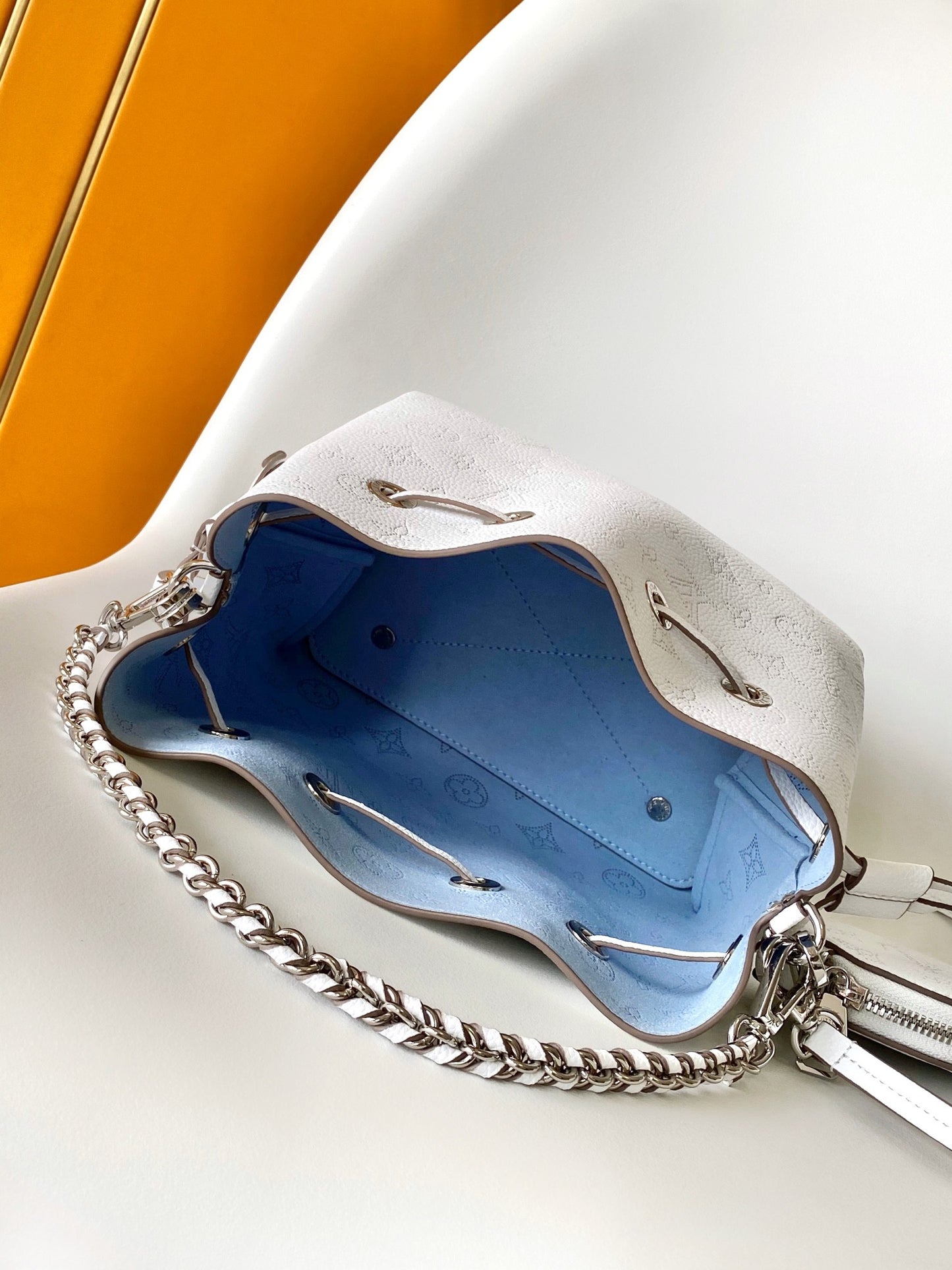 Louis Vuitton Bella Bucket Bag Mahina Perforated Leather White and Blue