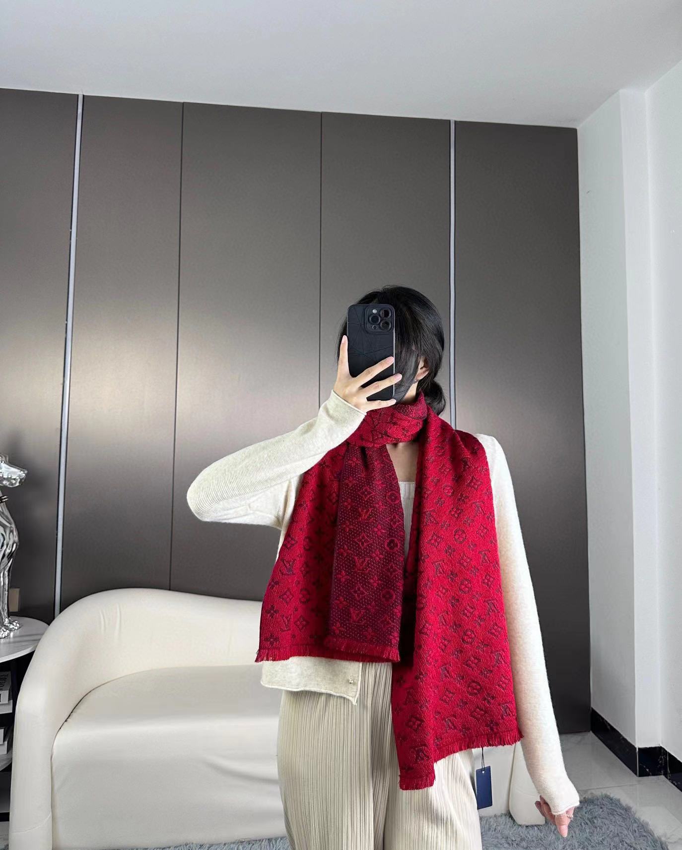 Women's Elegant Red Monogram Patterned Scarf - Large Oversized Winter Shawl Pashmina Wrap