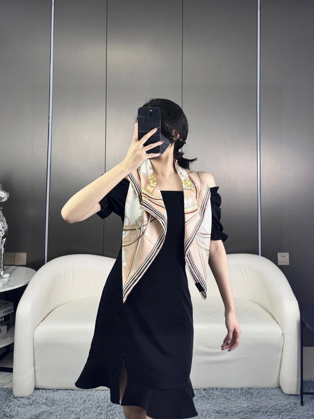 Women's Large Square Silk Satin Scarf - Elegant Champagne and White Patterned Fashion Shawl, Hair Wrap, and Neck Accessory