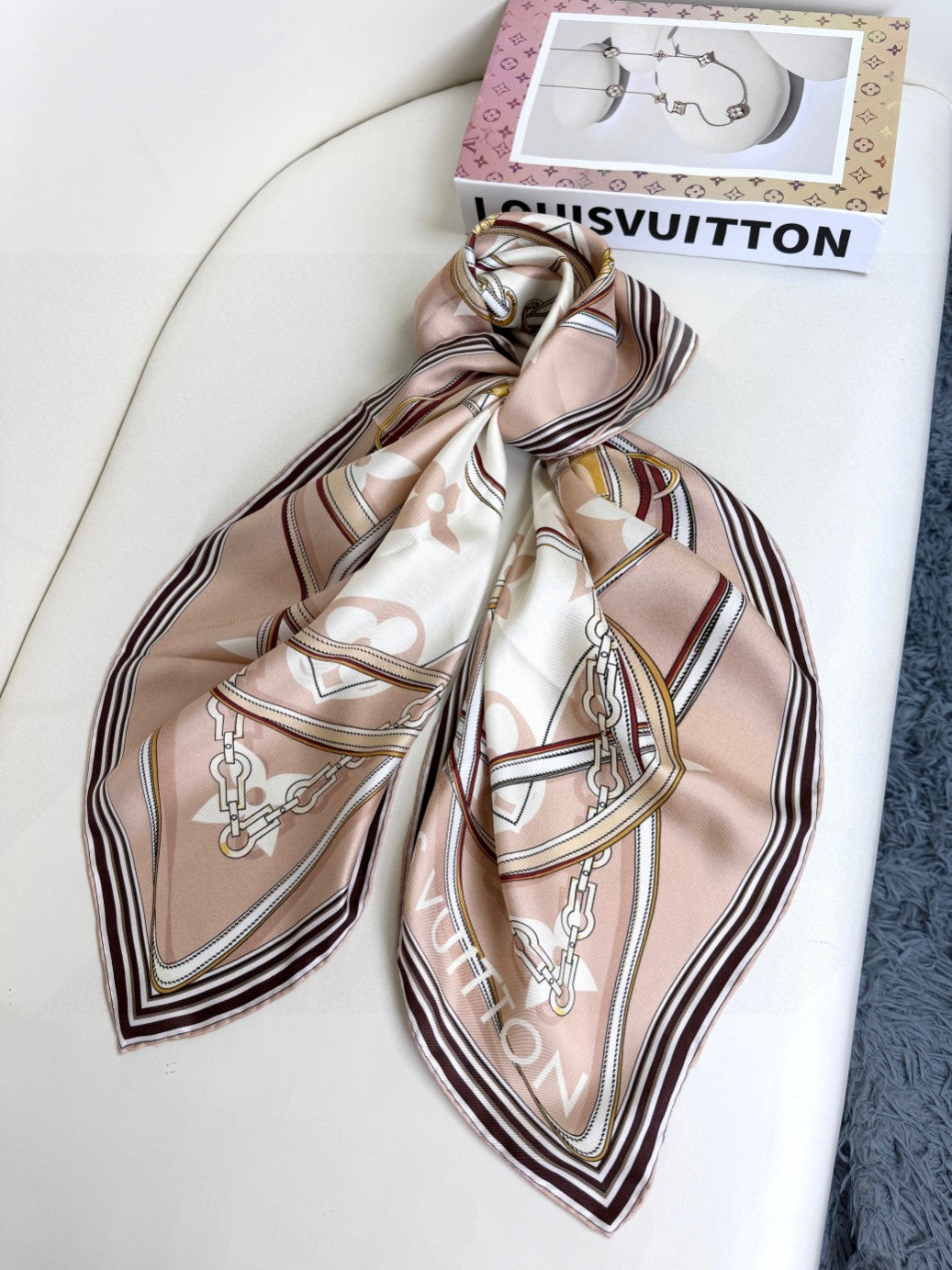 Women's Large Square Silk Satin Scarf - Elegant Champagne and White Patterned Fashion Shawl, Hair Wrap, and Neck Accessory