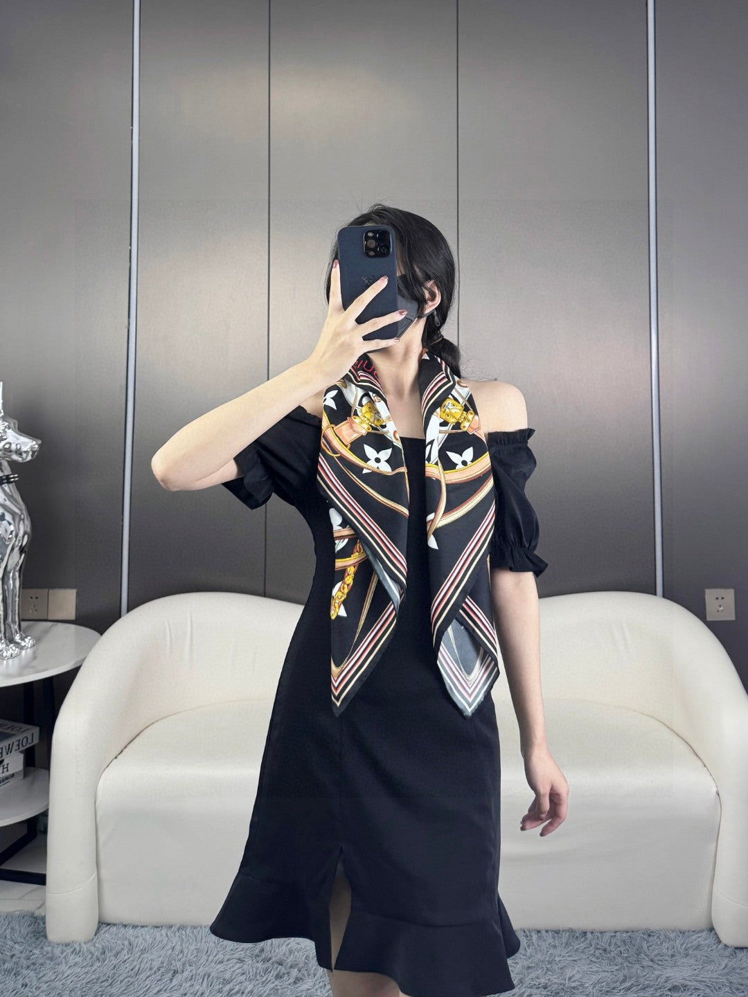 Luxury Silk Satin Large Square Scarf for Women, Elegant Geometric Floral Print Fashion Shawl and Wrap, Black and Gold