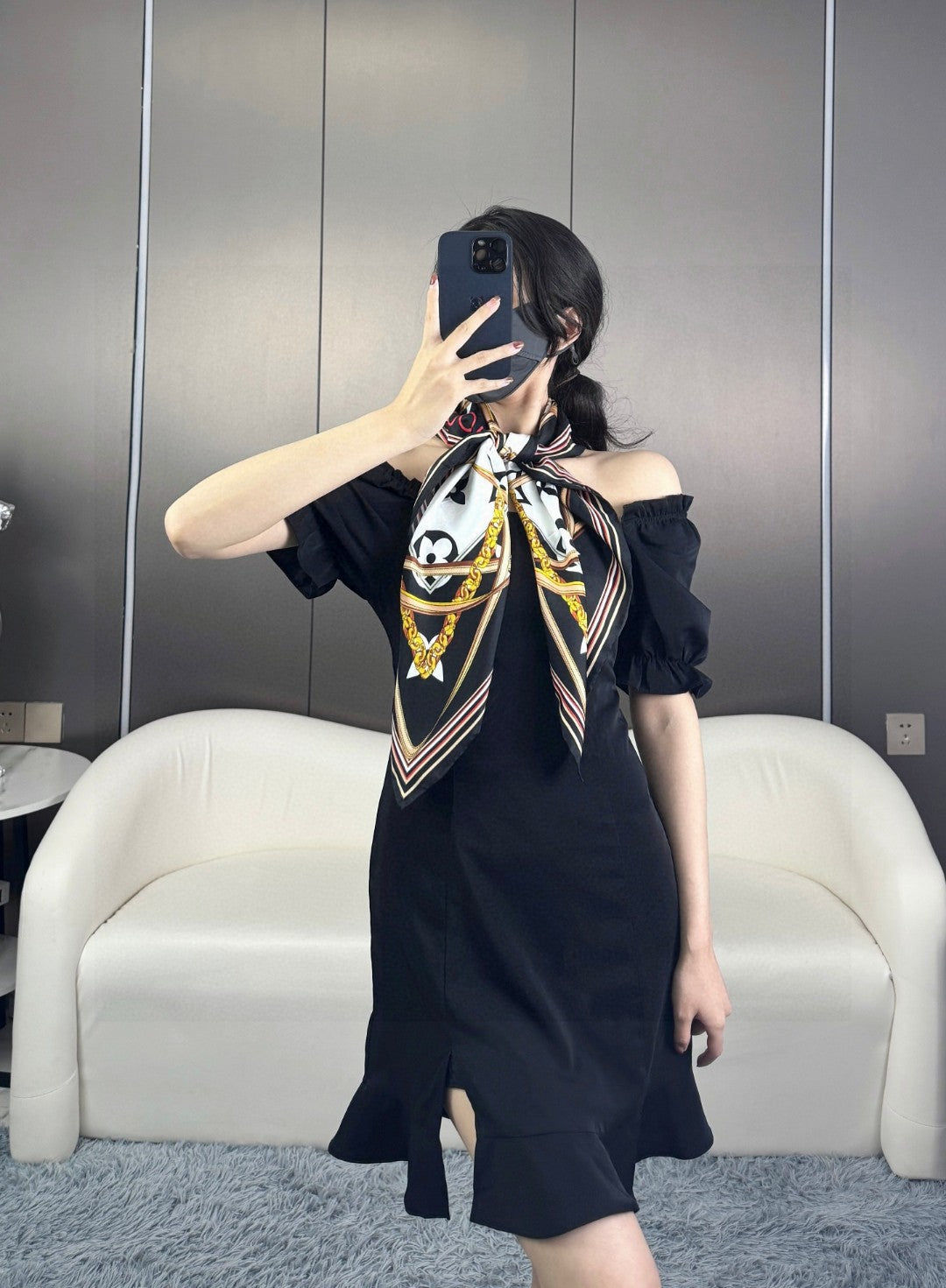 Luxury Silk Satin Large Square Scarf for Women, Elegant Geometric Floral Print Fashion Shawl and Wrap, Black and Gold
