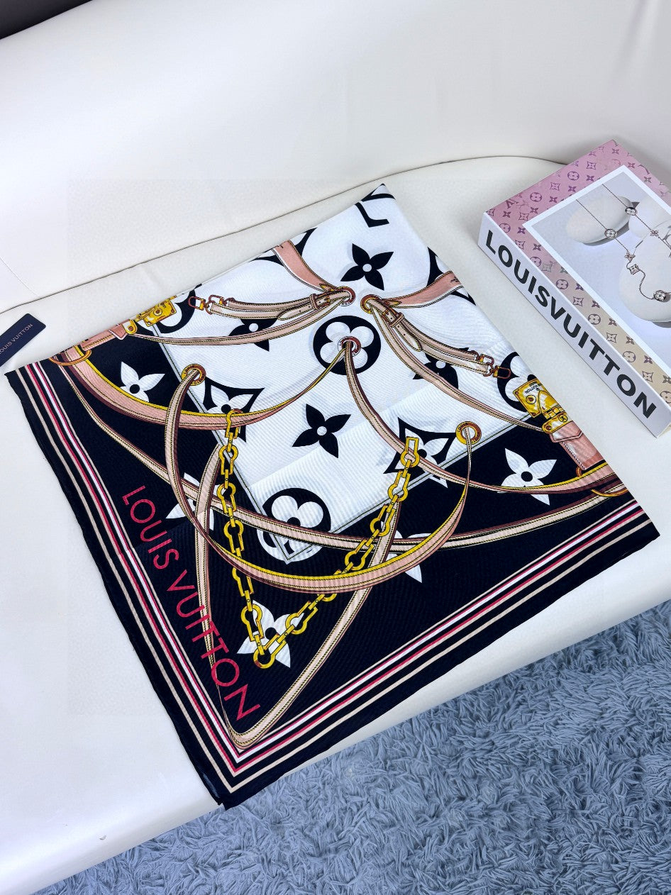 Luxury Silk Satin Large Square Scarf for Women, Elegant Geometric Floral Print Fashion Shawl and Wrap, Black and Gold