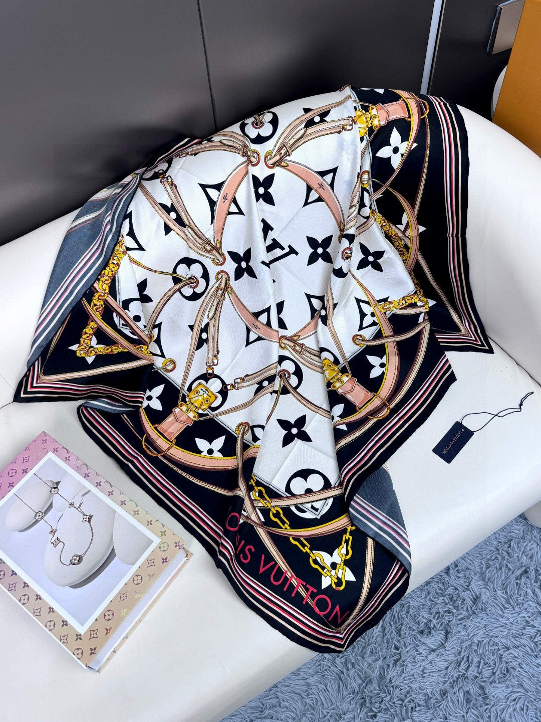 Luxury Silk Satin Large Square Scarf for Women, Elegant Geometric Floral Print Fashion Shawl and Wrap, Black and Gold