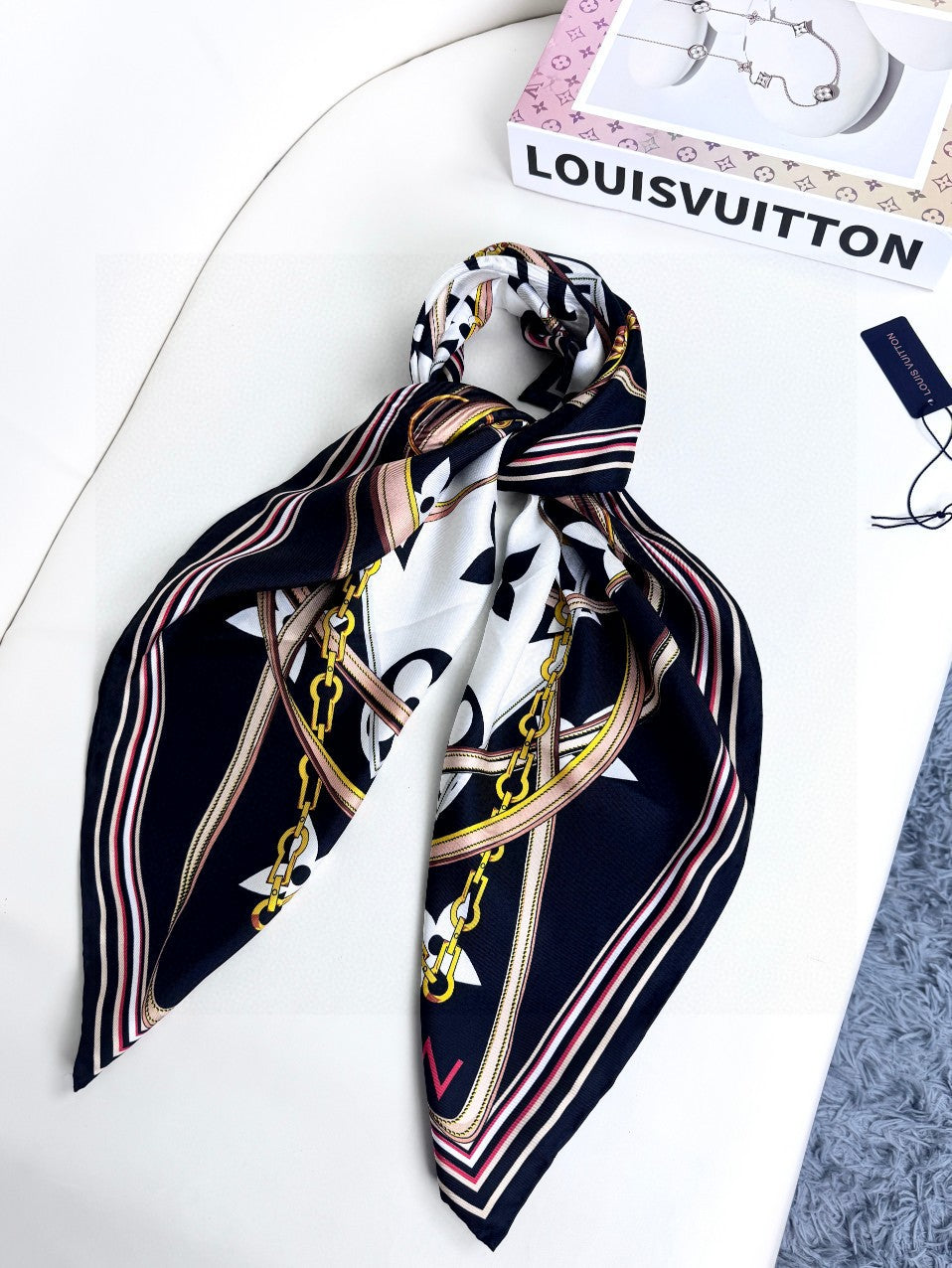 Luxury Silk Satin Large Square Scarf for Women, Elegant Geometric Floral Print Fashion Shawl and Wrap, Black and Gold