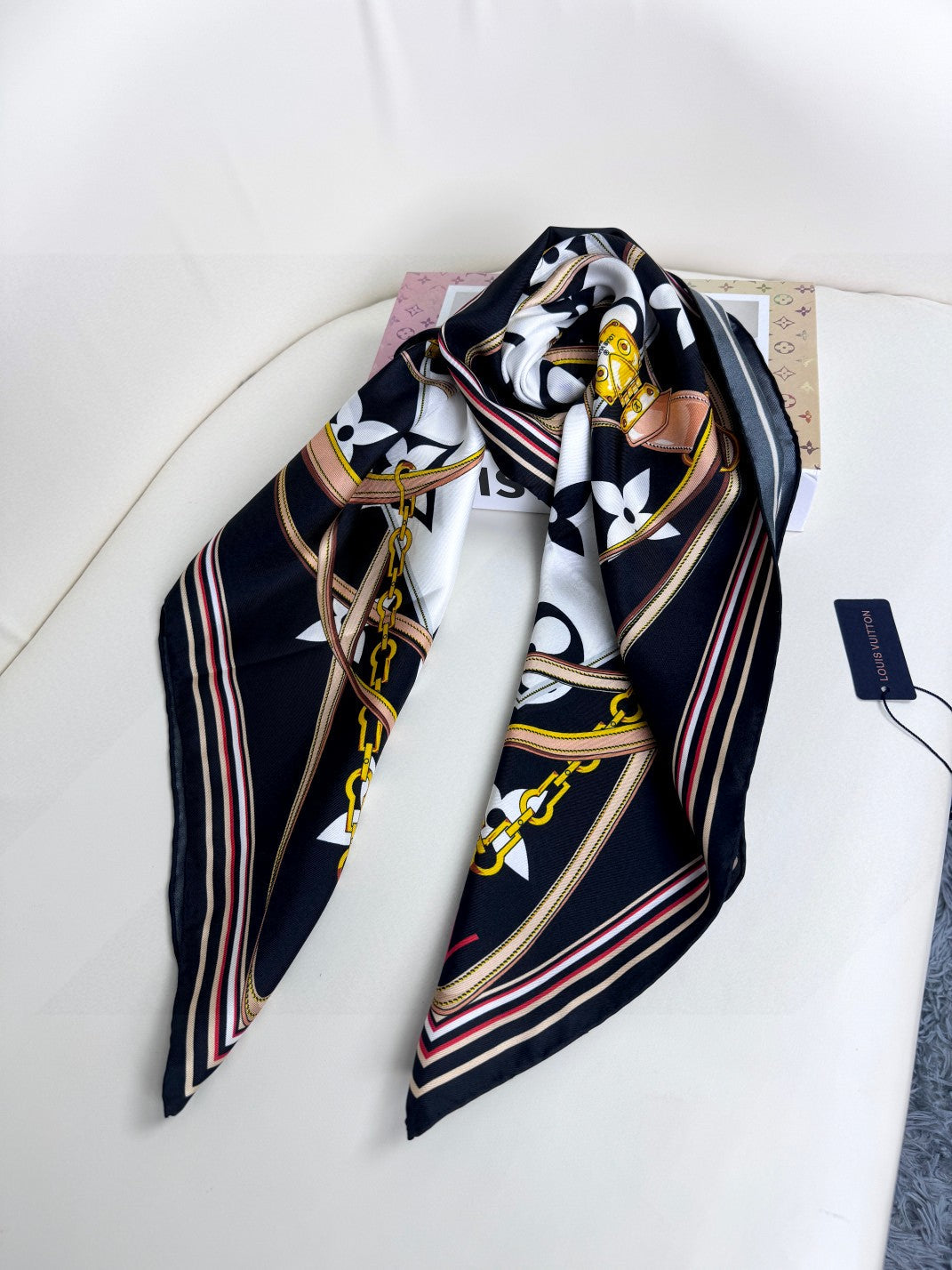 Luxury Silk Satin Large Square Scarf for Women, Elegant Geometric Floral Print Fashion Shawl and Wrap, Black and Gold