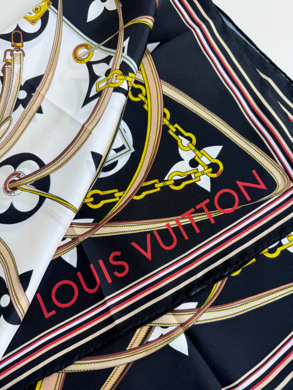 Luxury Silk Satin Large Square Scarf for Women, Elegant Geometric Floral Print Fashion Shawl and Wrap, Black and Gold