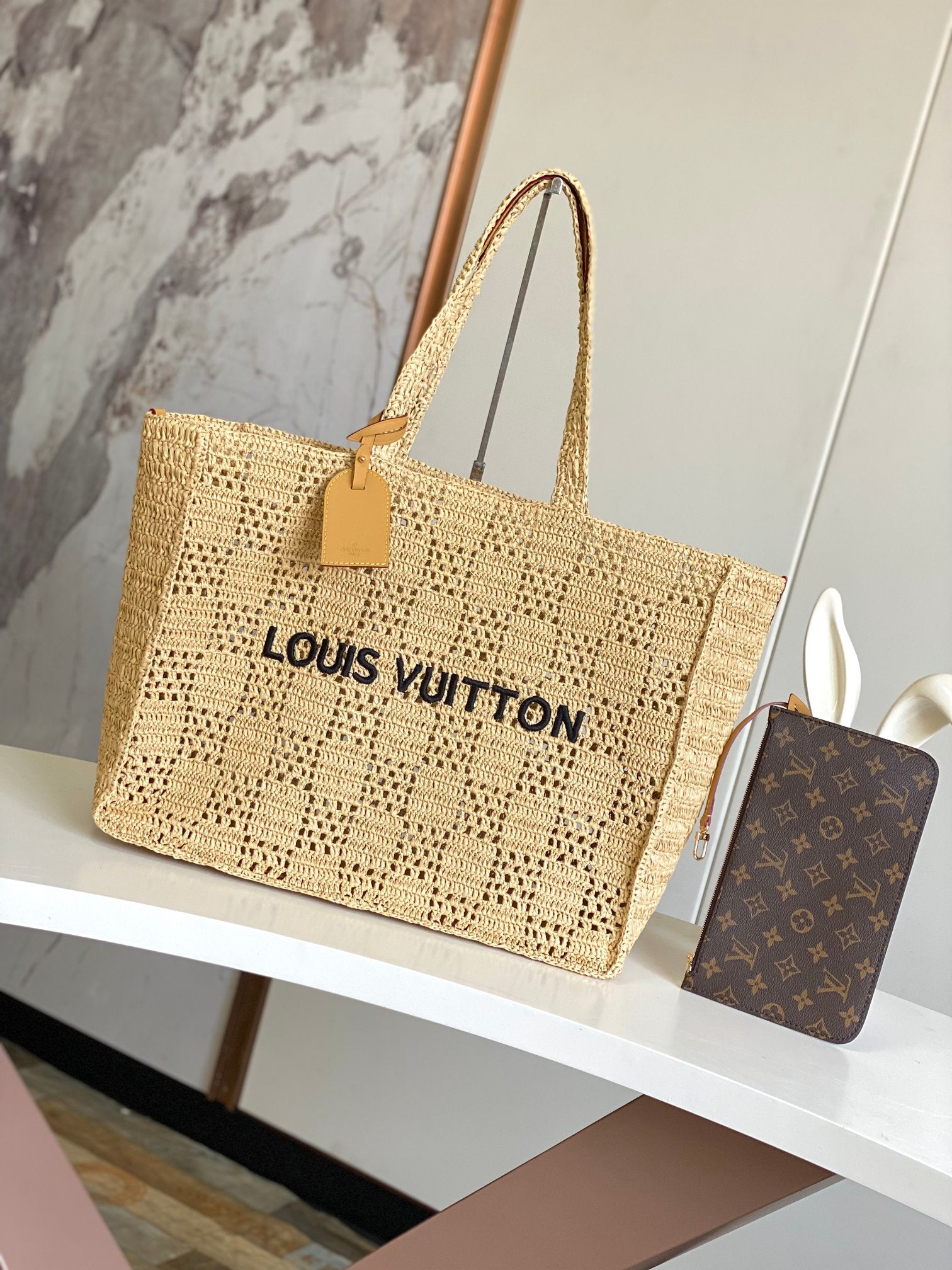 Louis Vuitton Onthego GM Raffia Crochet Tote Bag - Natural Beige