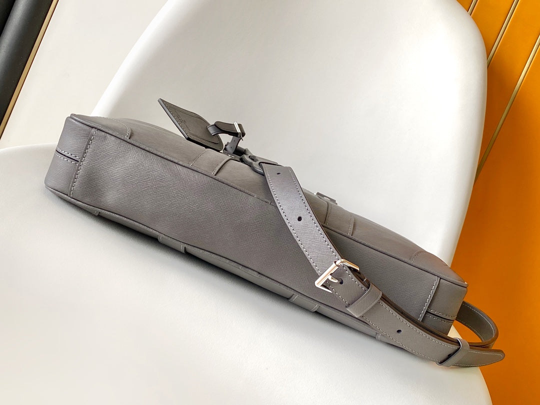 Premium Grey Leather Briefcase Slim Laptop Bag with Shoulder Strap