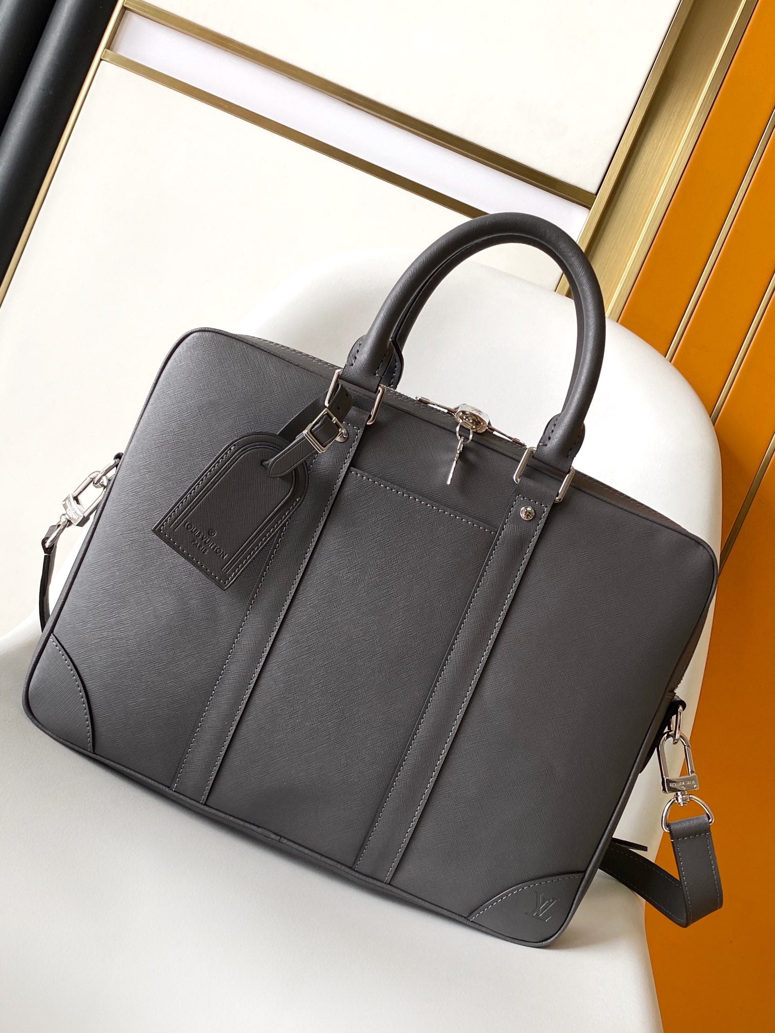 Premium Grey Leather Briefcase Slim Laptop Bag with Shoulder Strap