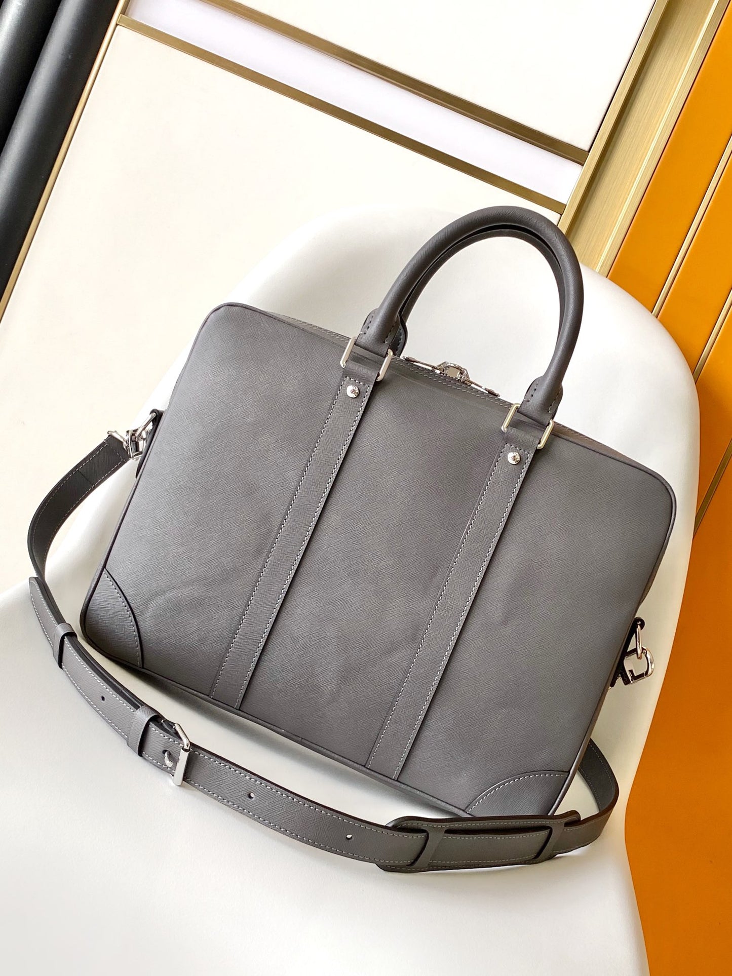 Premium Grey Leather Briefcase Slim Laptop Bag with Shoulder Strap