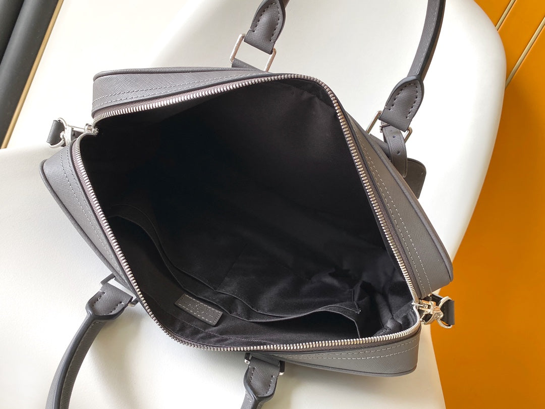Premium Grey Leather Briefcase Slim Laptop Bag with Shoulder Strap