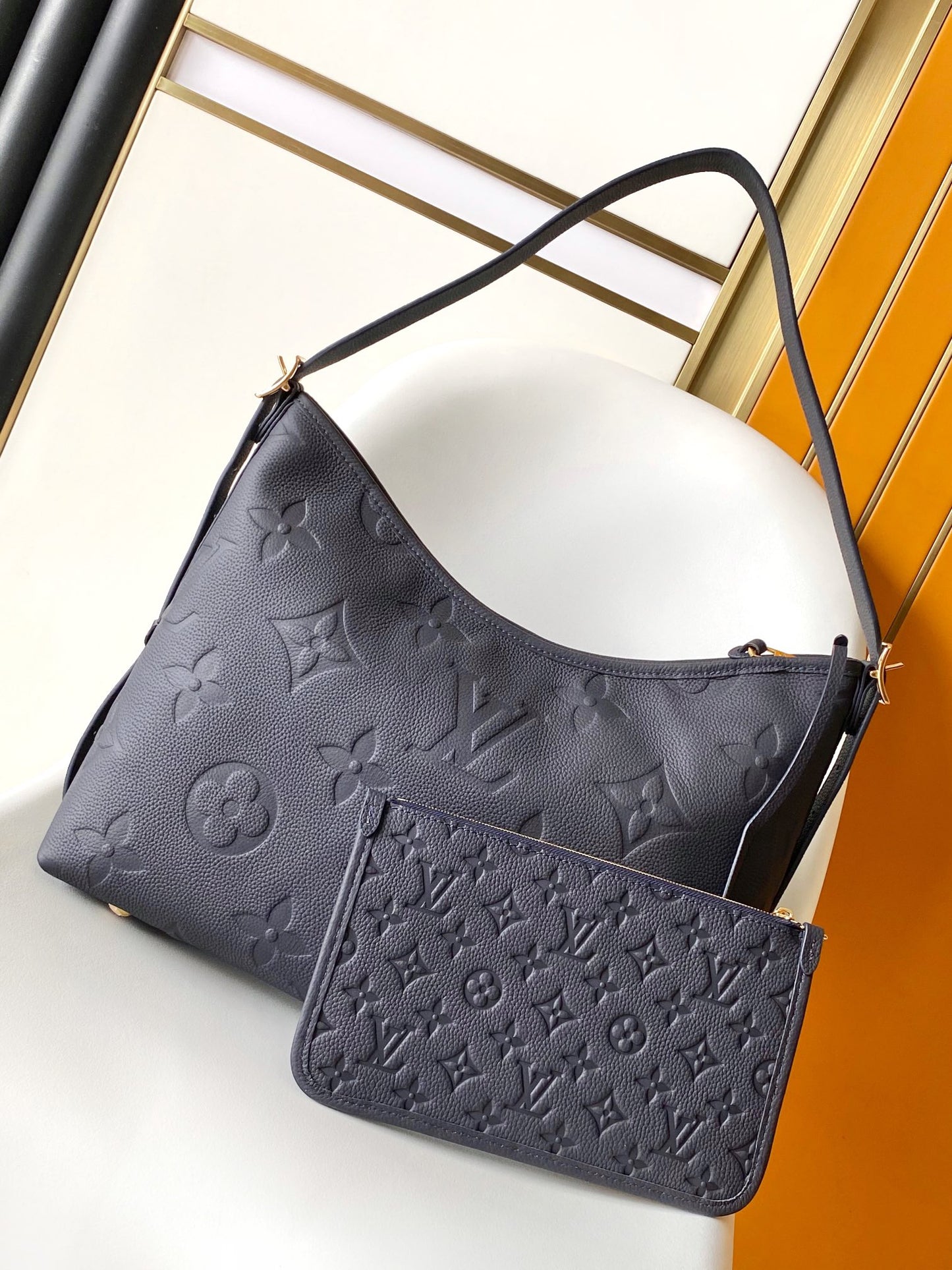Louis Vuitton Navy Blue Embossed Monogram Leather Shoulder Hobo Bag